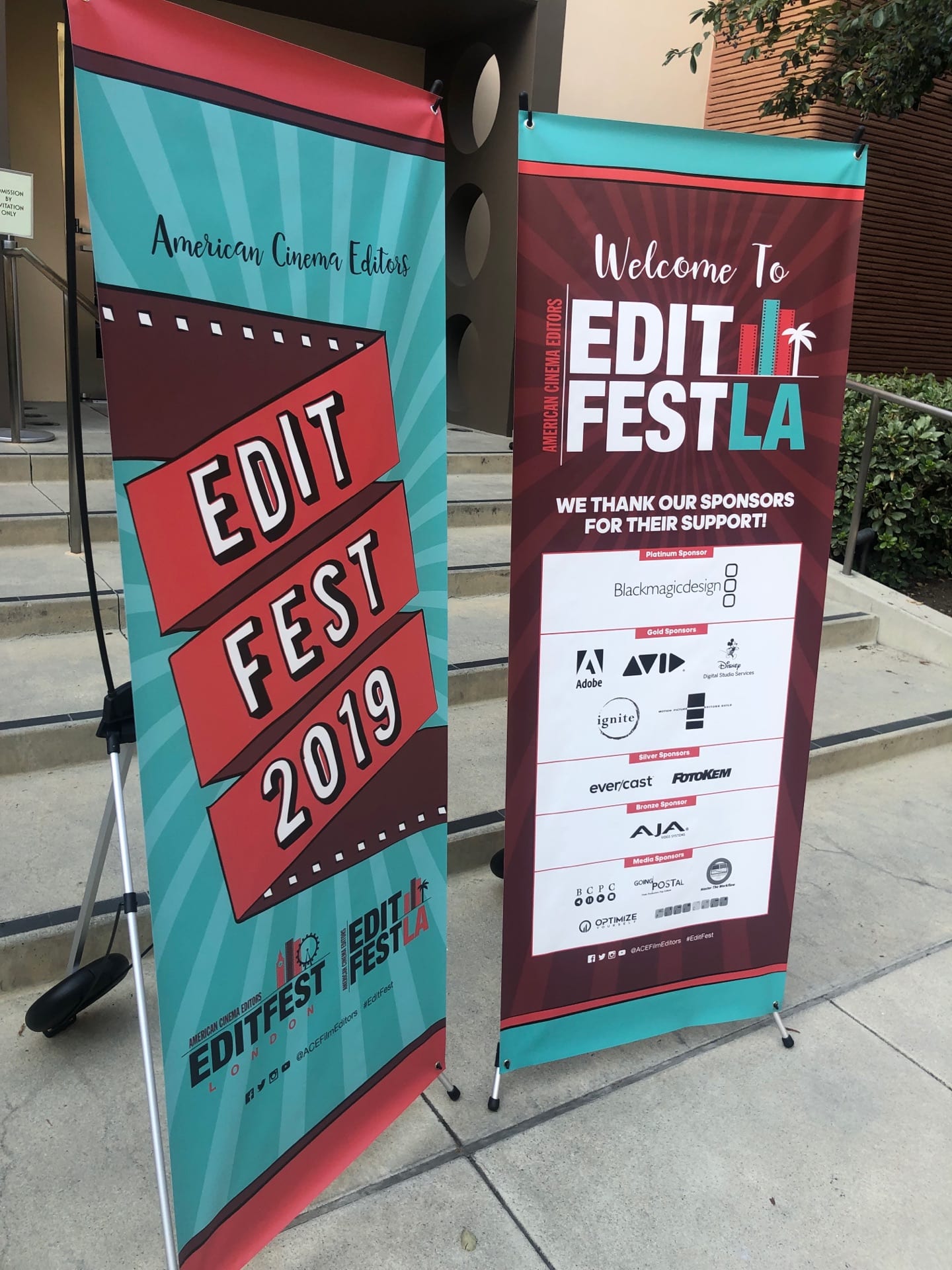 American Cinema Editors Editfest 2019 sponsored by Blackmagic Design Two tall banners promoting the event
