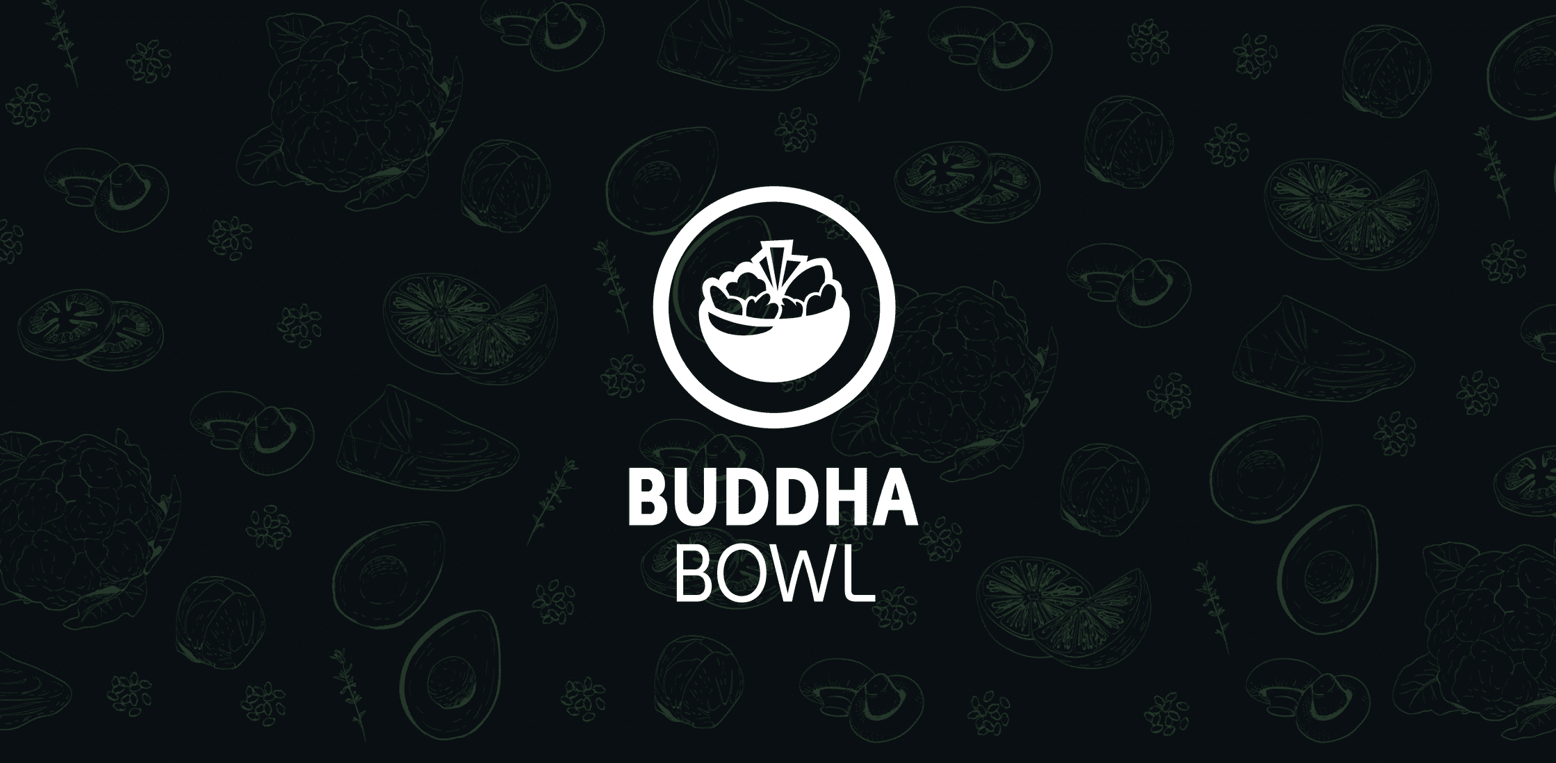 White Buddha Bowl logo with black illustration wall with green drawings of meat, fruits and vegetables