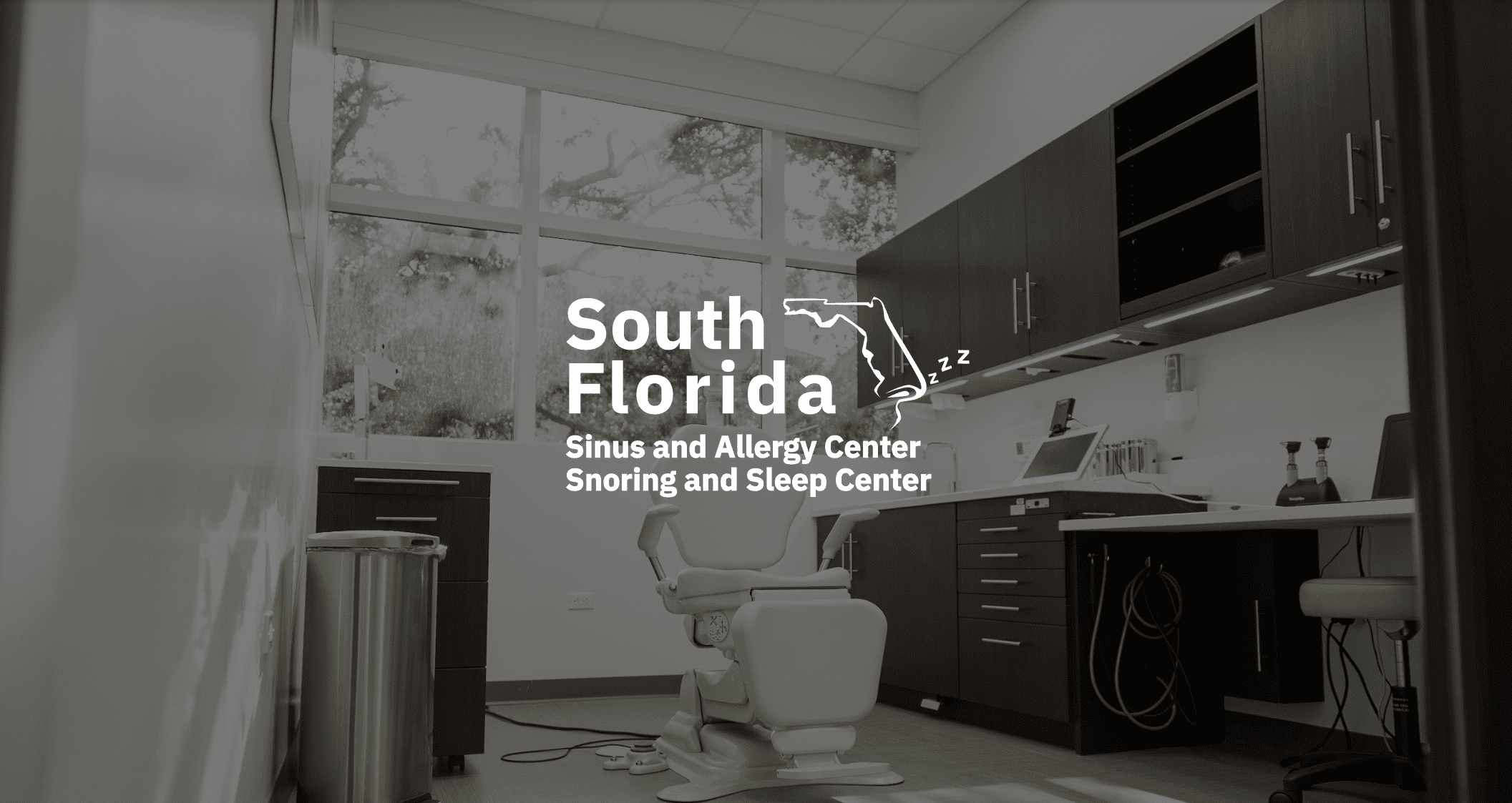 White South Florida Sinus and Allergy Center logo with black and white of doctor's office with a chair