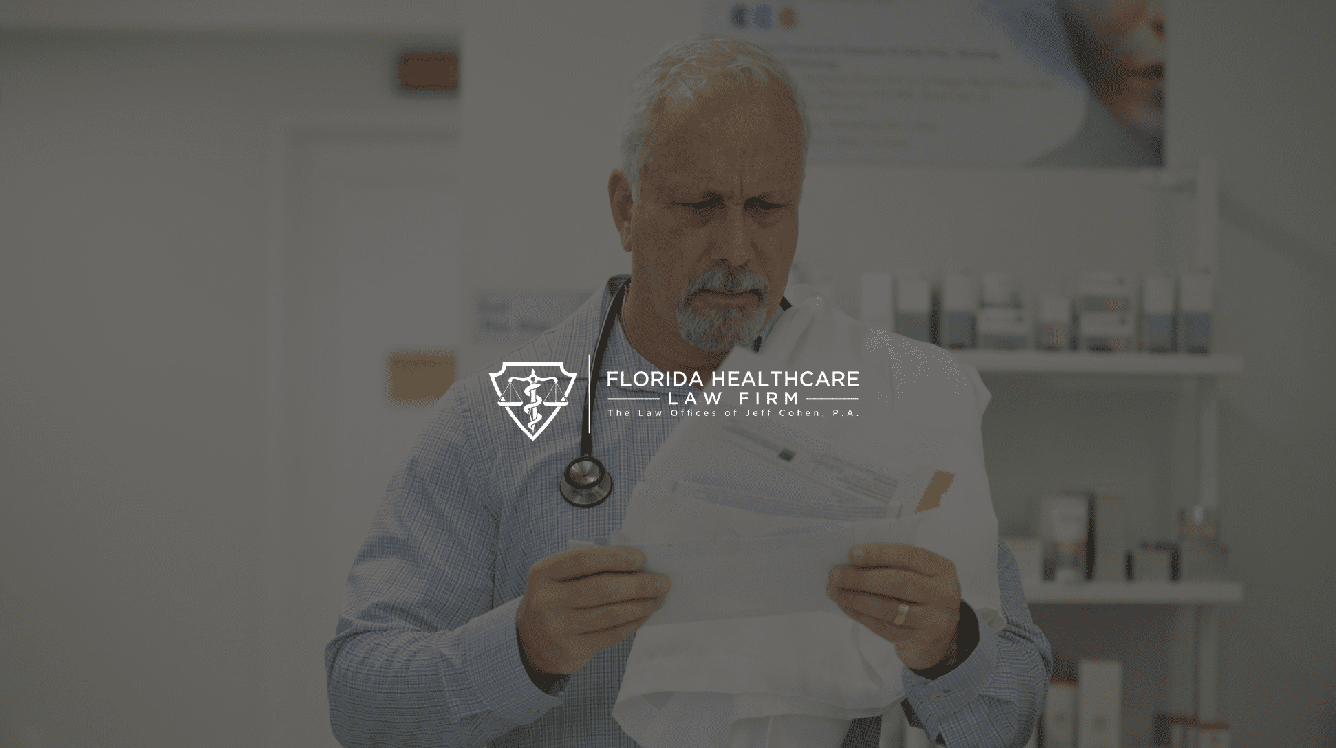 White Florida Healthcare The Law Offices of Jeff Cohen, P.A. Logo with a background of a doctor looking at papers