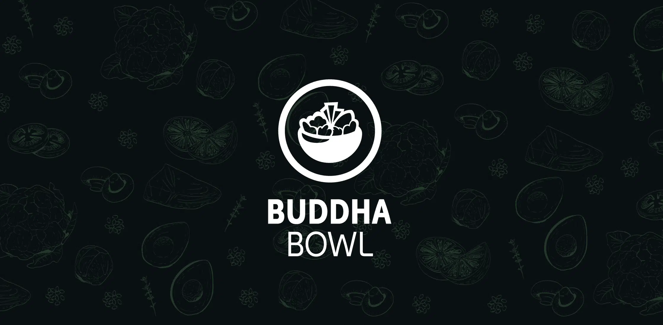 IU C&I Studios Page White Buddha Bowl logo with black illustration wall with green drawings of meat, fruits and vegetables