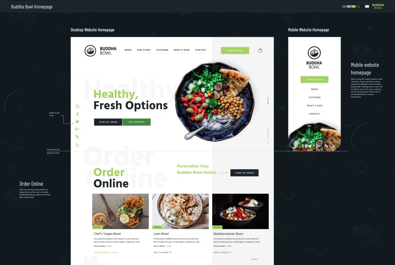 Buddha Bowl 3 Desktop and Mobile images of Website homepage mockup