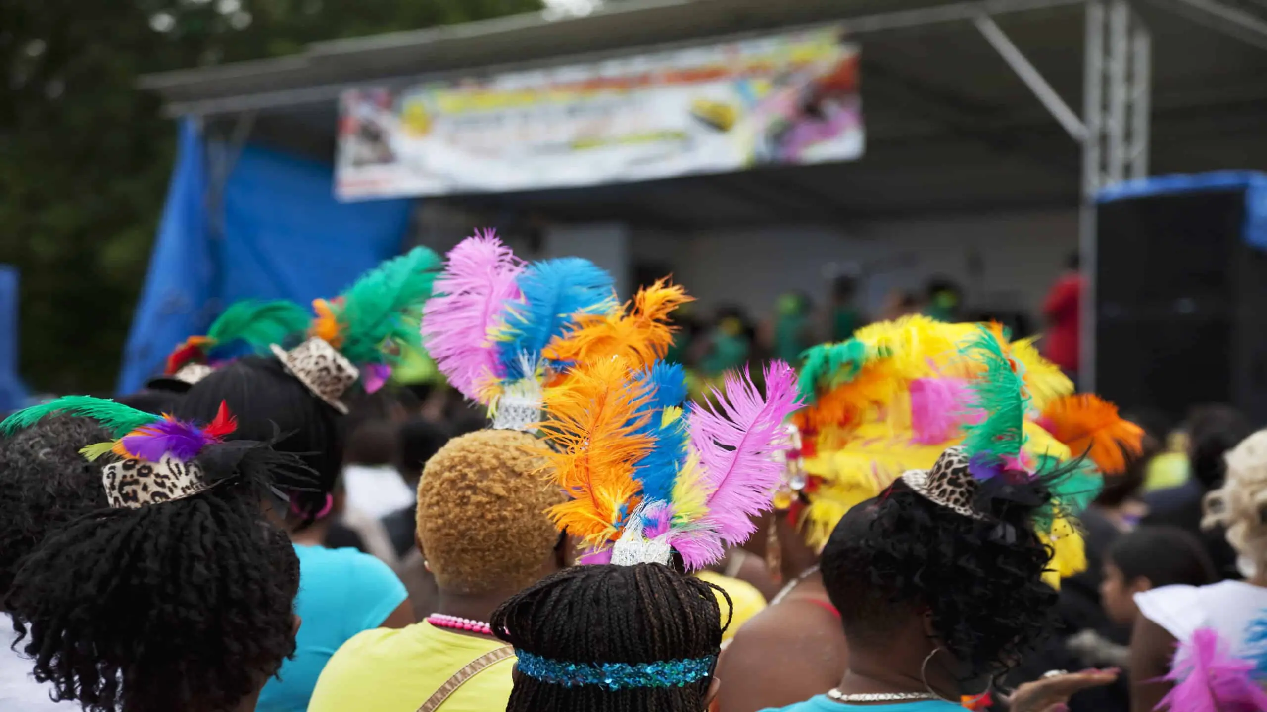 cis-post-fyre-festival-marketing2 View from behind of people wearing colorful feathered hat looking on stage