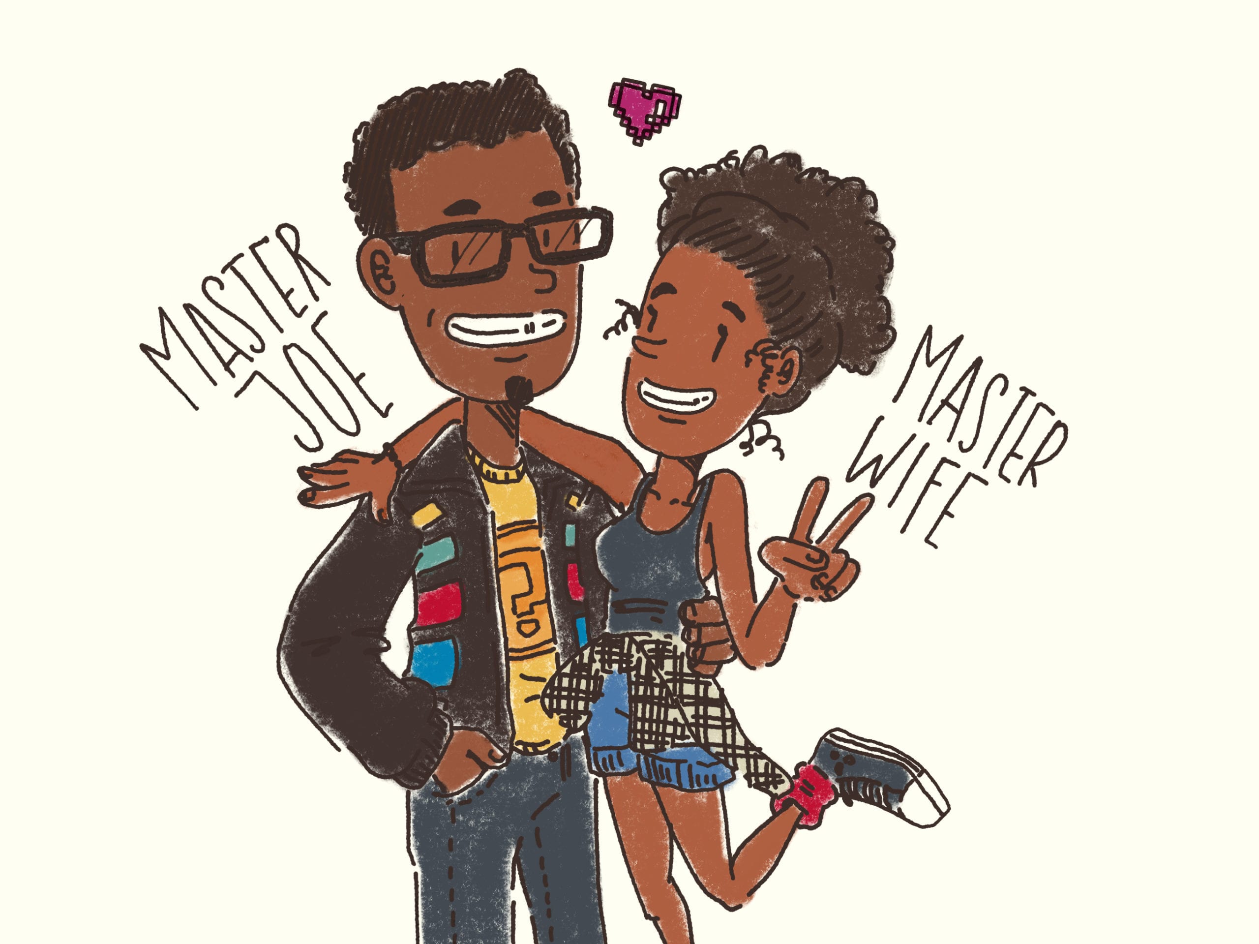 IU C&I Studios Portfolio Hearth Piece Plus Cartoon graphic of two African Americans Master Joe and Master Wife