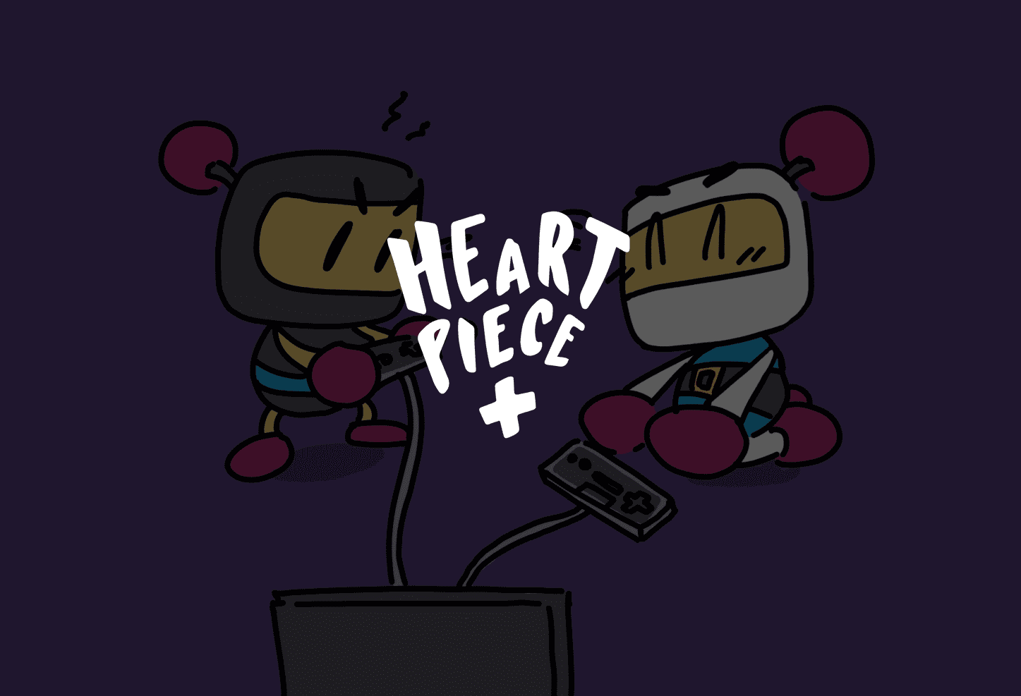 White Heart Piece Plus logo with graphic of two video game characters playing a video game with consoles in the background