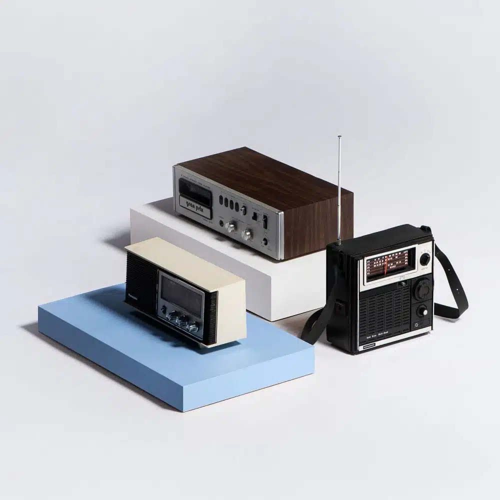 Heart Piece Plus 22 Three vintage radios on display