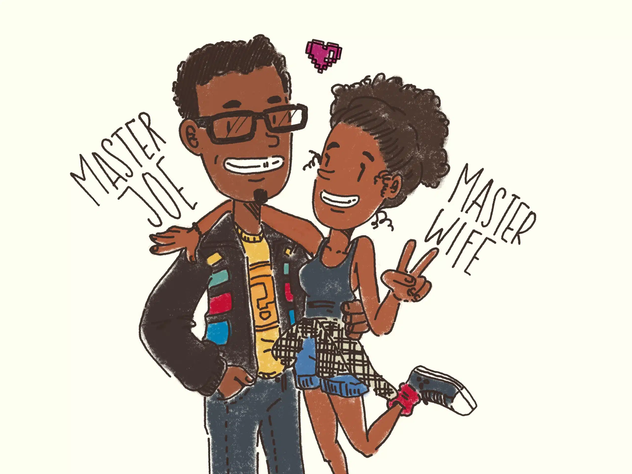 Heart Piece Plus 2 Cartoon graphic of two African Americans Master Joe and Master Wife