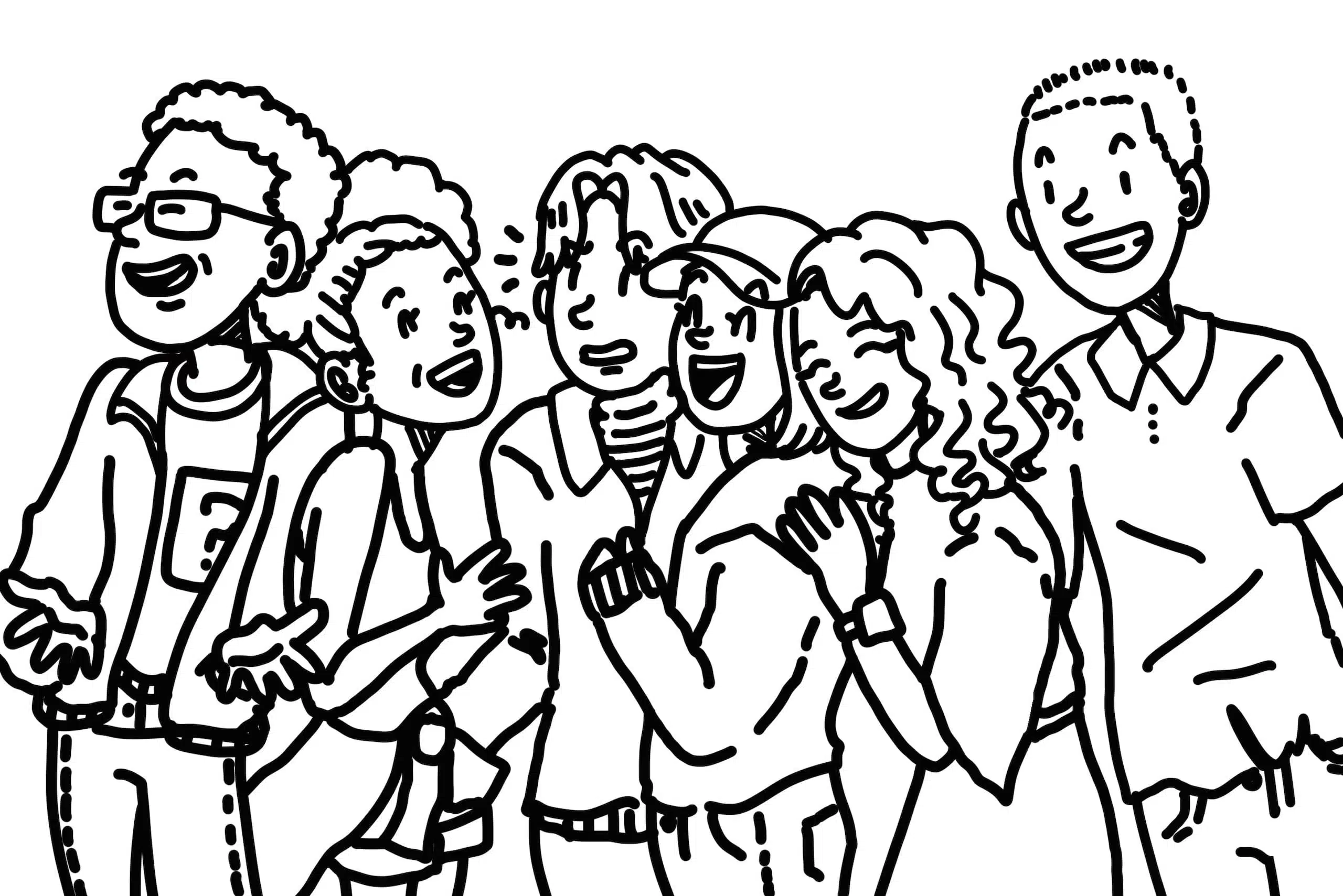 Heart Piece Plus 4 Graphic of three men and three women interacting with each other in a group