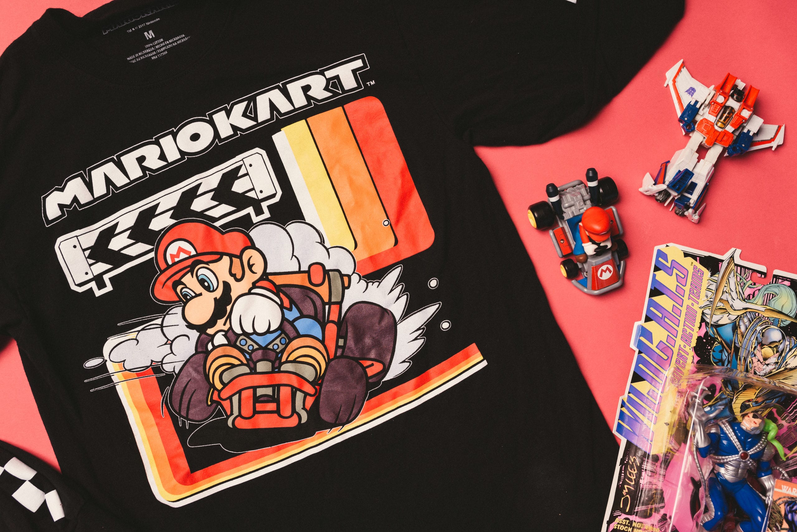 Branding MarioKart t shirt and toy, Transformer toy, and action figure memoribilia