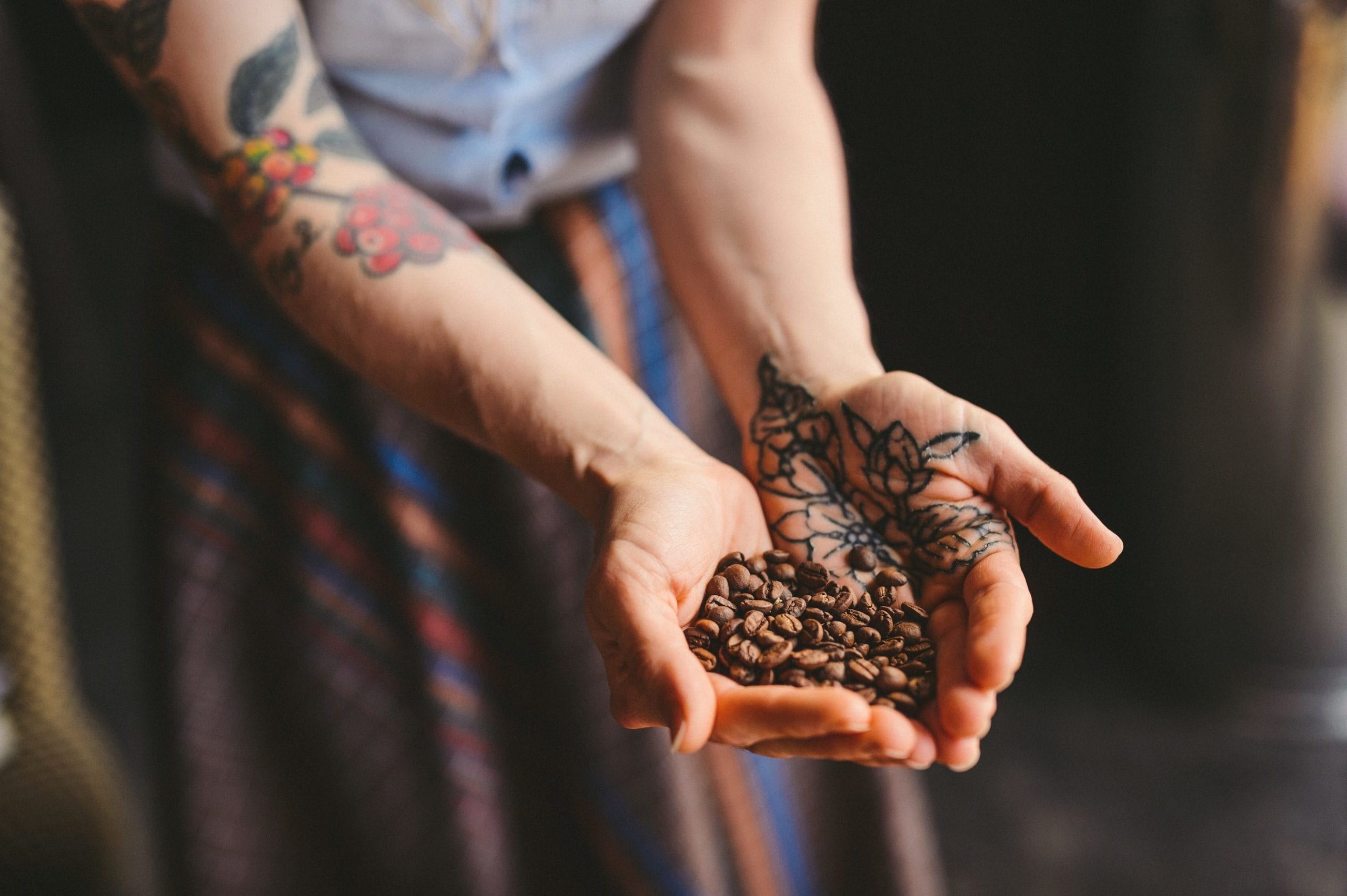 Next Door at C&I Fort Lauderdale Coffeehouse Closeup of tattooed woman holding coffee beans in her hands