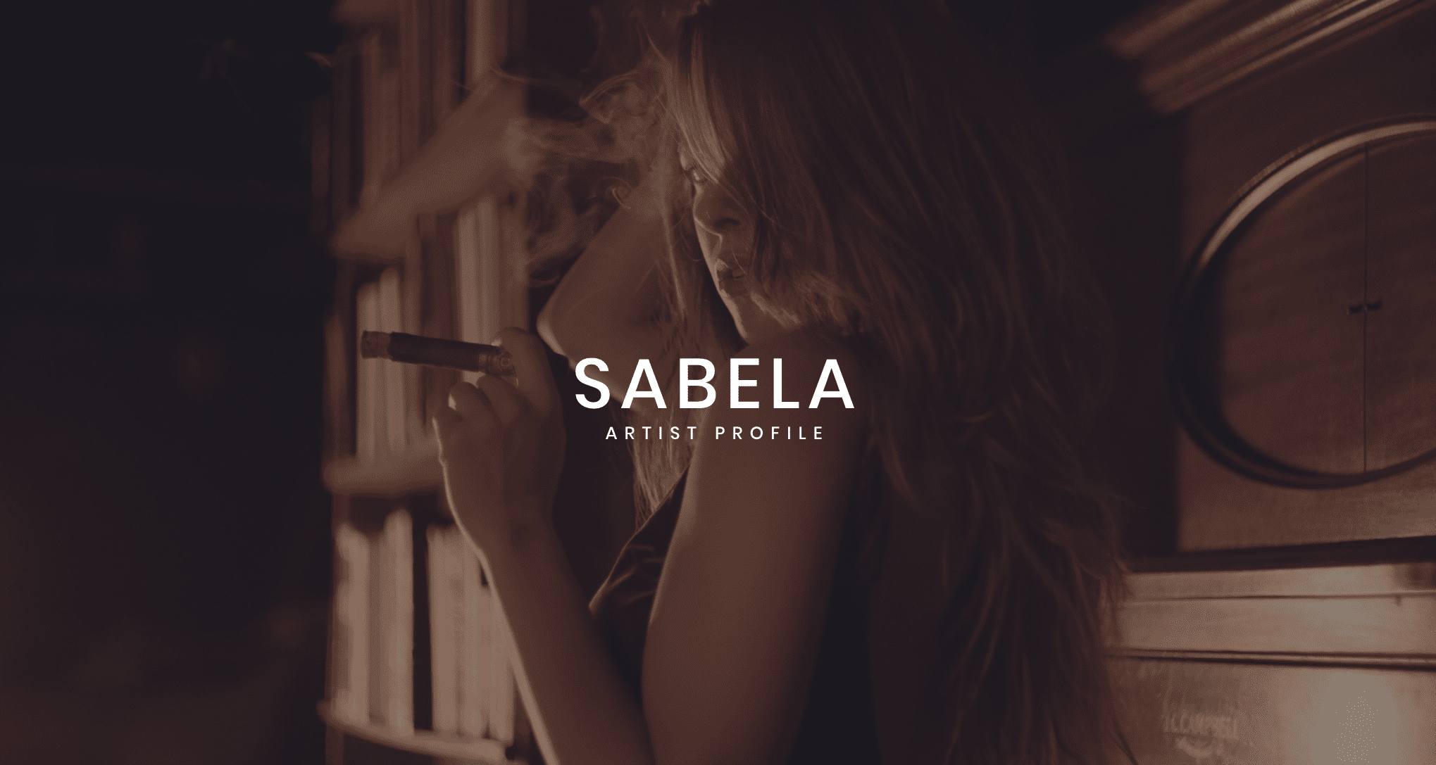 Audio Services by C&I Studios White Sabelo Artist Profile logo against a backdrop of a side profile of a woman with long hair smoking a cigar posing for the camera looking over her shoulder