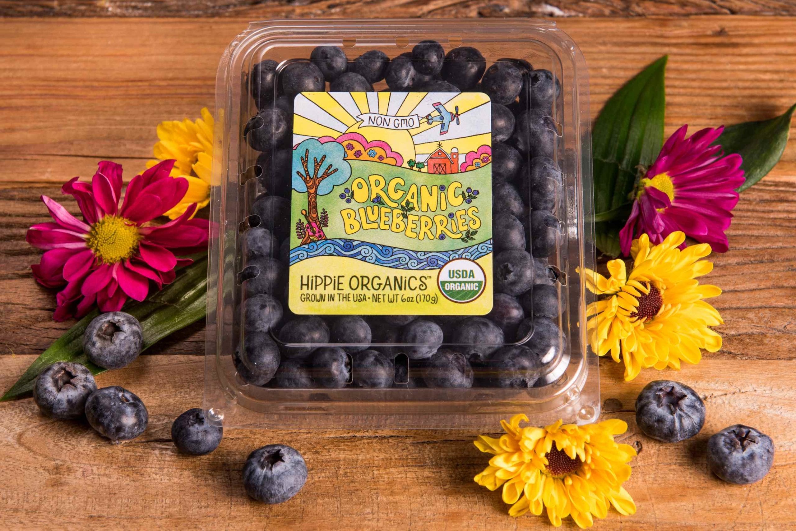 Hippie Organics by Alpine Fresh Aerial closeup view of package of organic blueberries surrounded by flowers