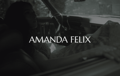 White Amanda Felix Logo With Black And White Background Of A Woman Lounging In A Car Looking Out With Hand On The Door
