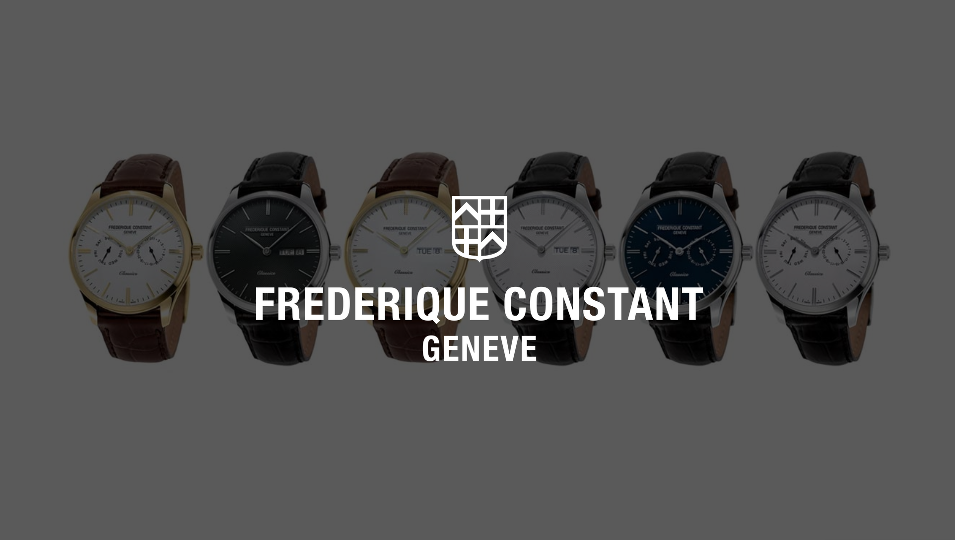 White Frederique Constant Geneve logo with mark on background showing six variations of watches