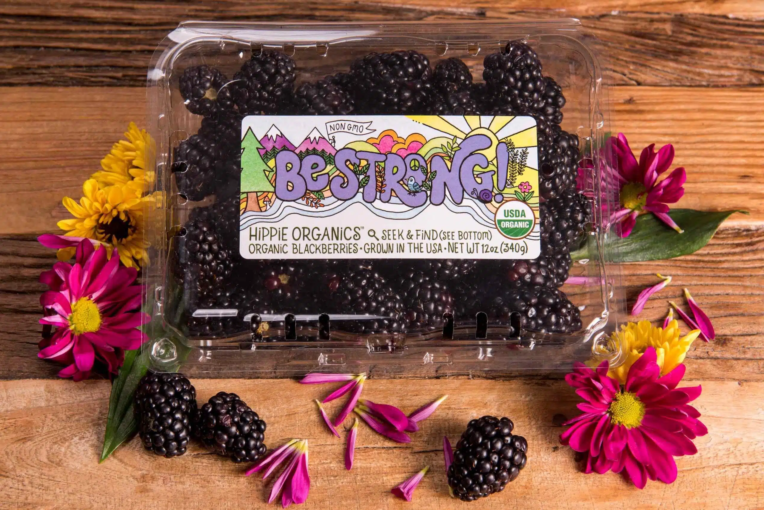 Hippie Organics by Alpine Fresh 8 Aerial closeup view of package of organic blackberries surrounded by flowers