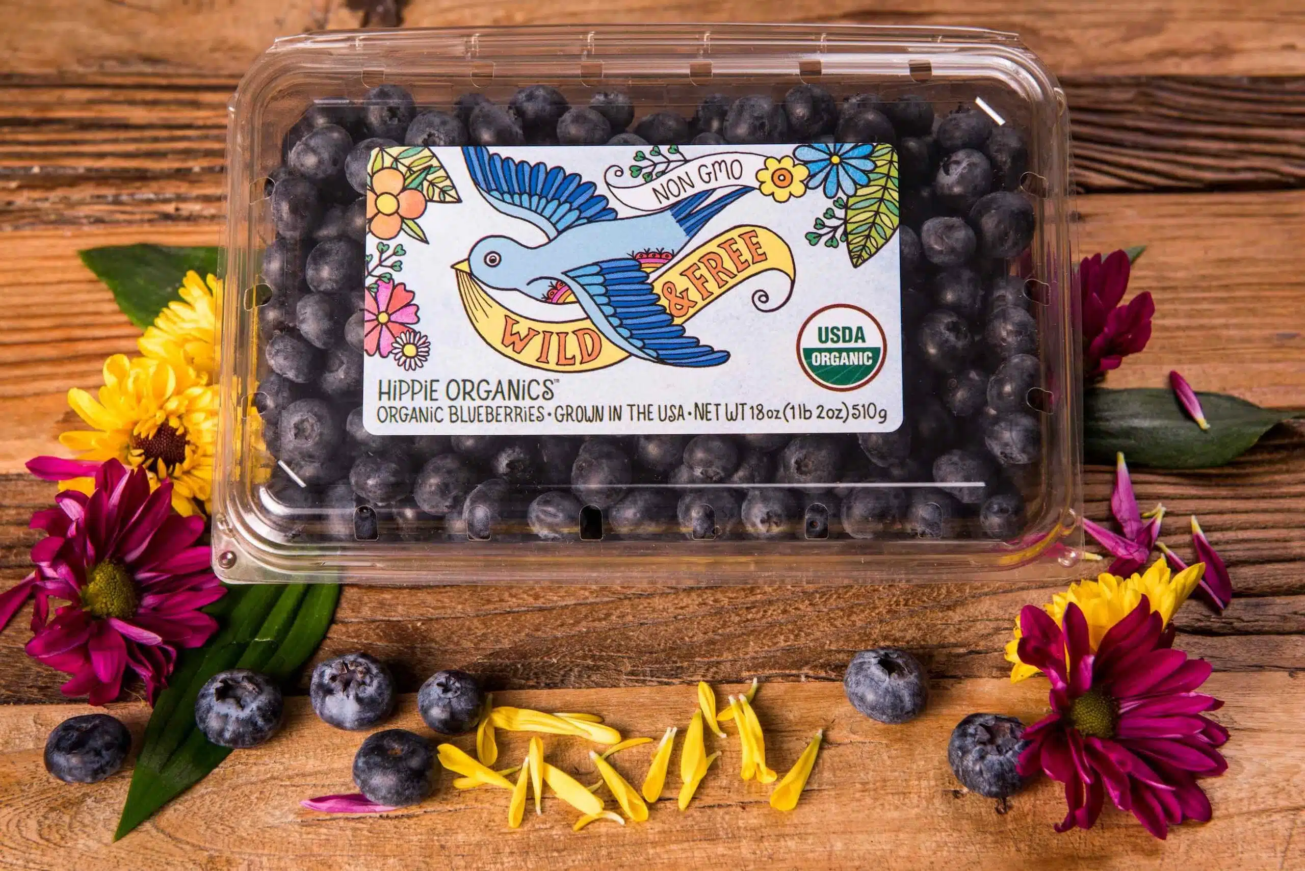 Hippie Organics by Alpine Fresh 9 Aerial closeup view of package of organic blueberries surrounded by flowers