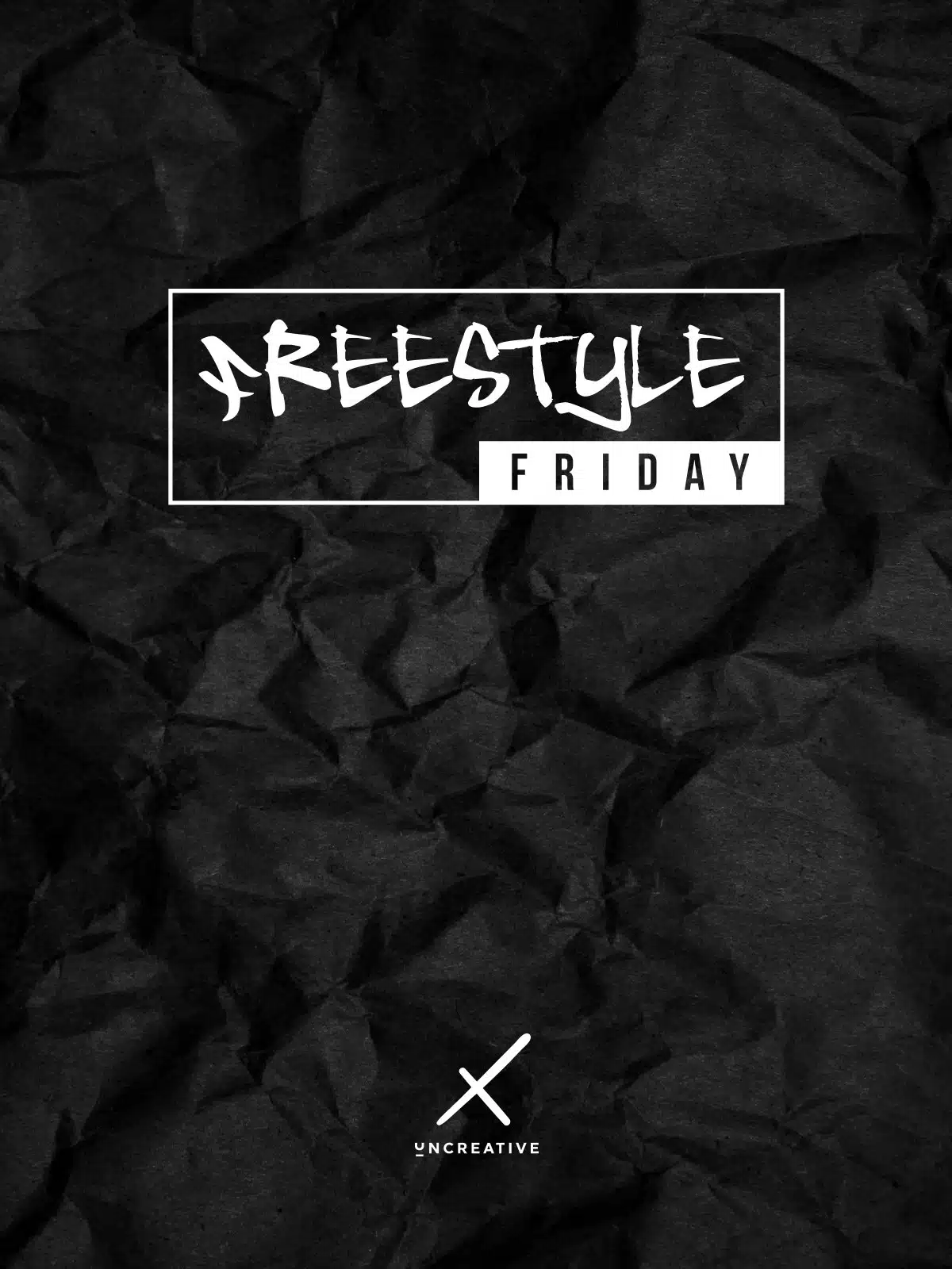 White Uncreative Freestyle Friday Logo on a black background. Tv production Film Production