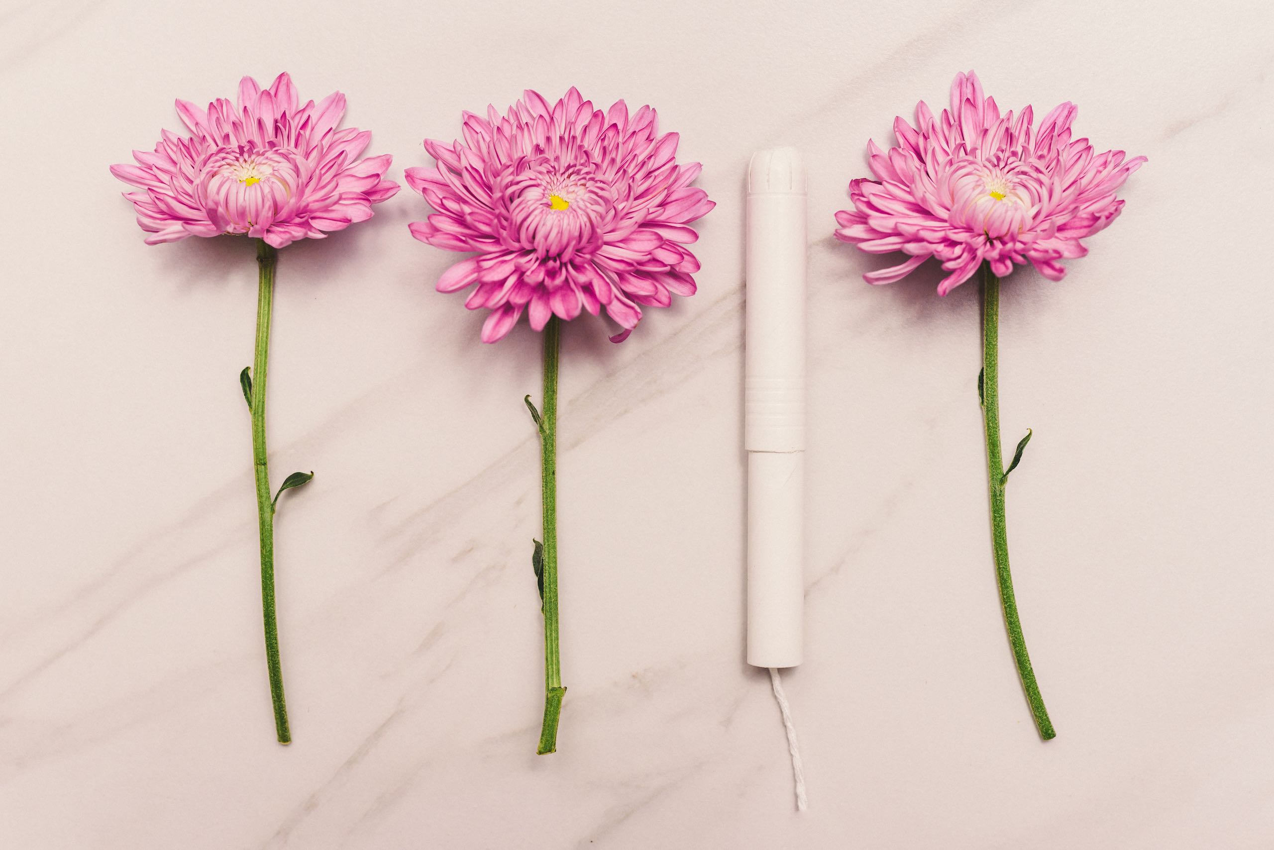 IU CI Studios Kali Boxes Branding and Marketing Three pink flowers and tampon on display