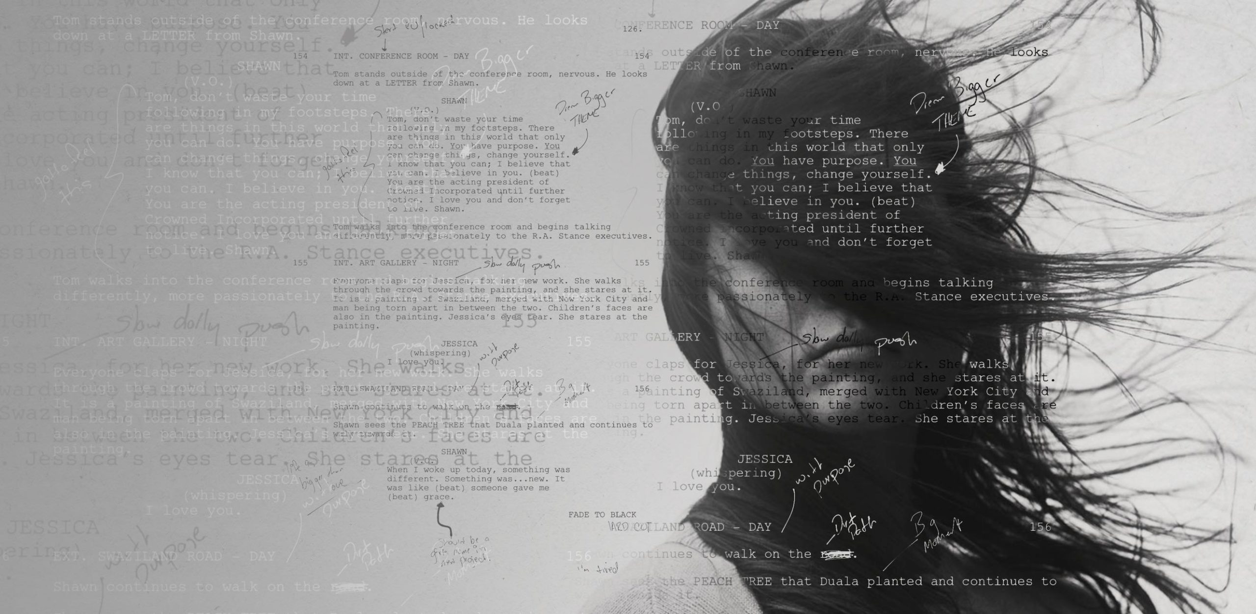 Black and white screenshot of woman with long hair in her face and script