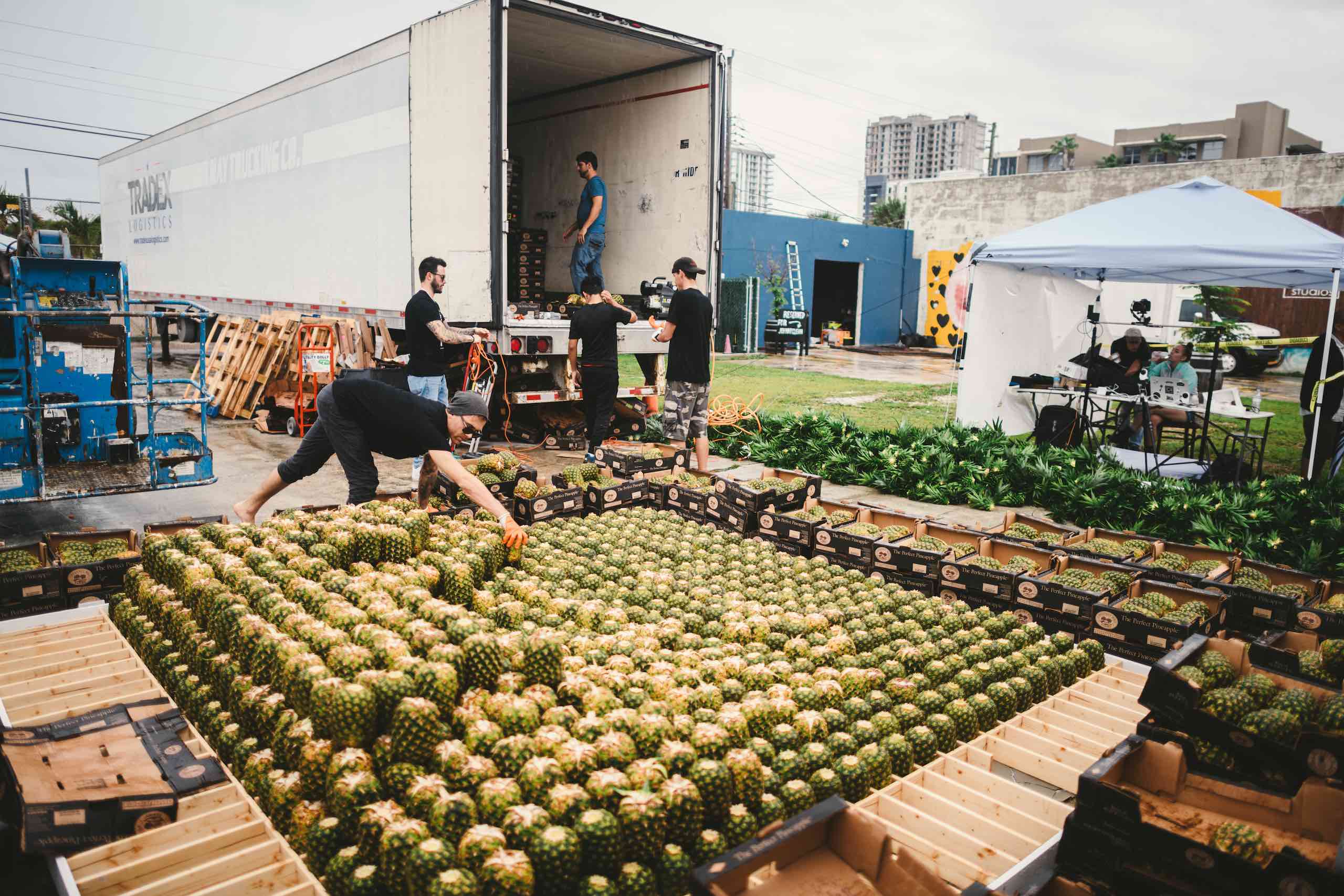 Artwalk 2018 May Pineapple Pyramid People working on unloading pineapples in boxes from the truck and assembling the pineapple pyramid with boxes of pineapples and pallets surrounding it