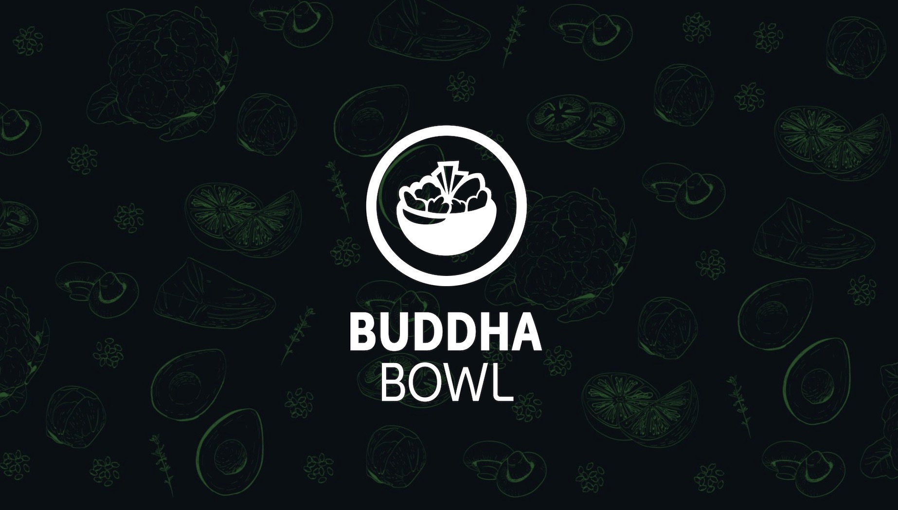 White Buddha Bowl logo web development with greenish background of graphics of avocados, lemons, mushrooms, seeds and meat