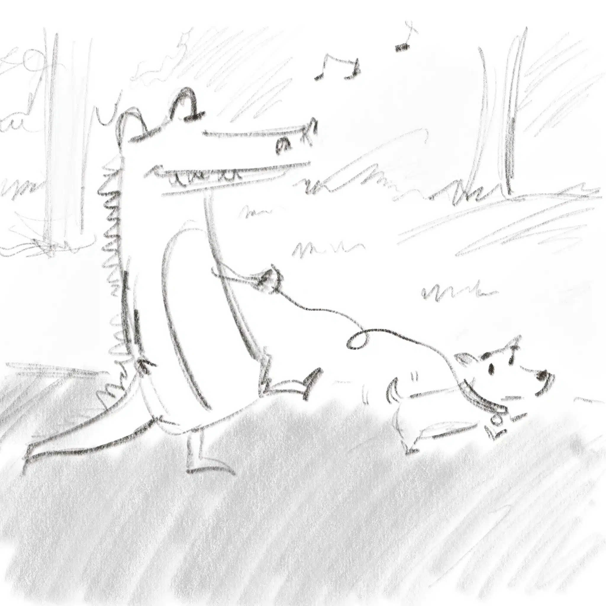 Everglades Holiday Park 32 Frame four drawing of an alligator whistling walking a dog