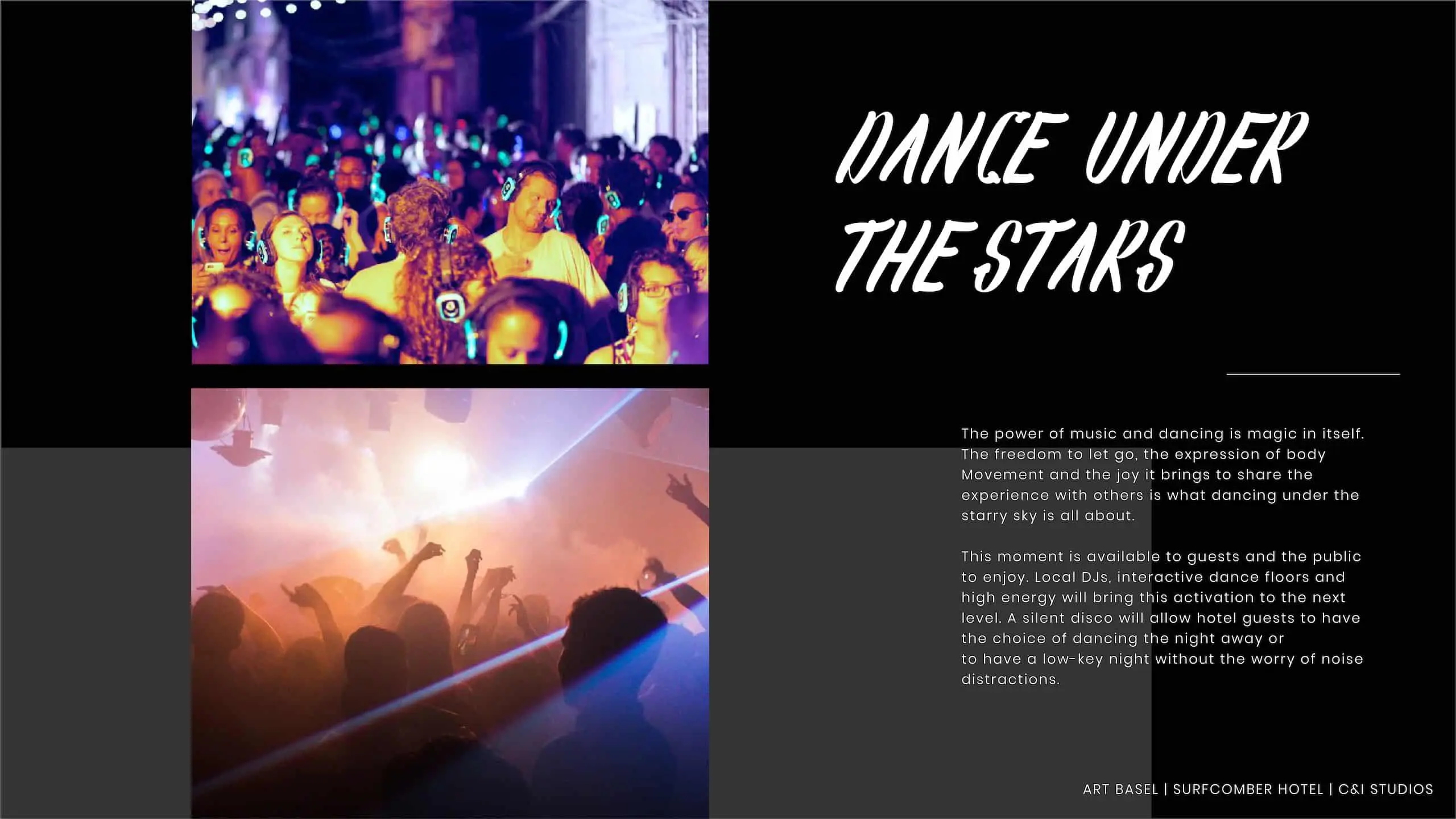 Kimpton Hotels Art Basel Installation 144 Dance Under the Stars with two images of crowds at music venues