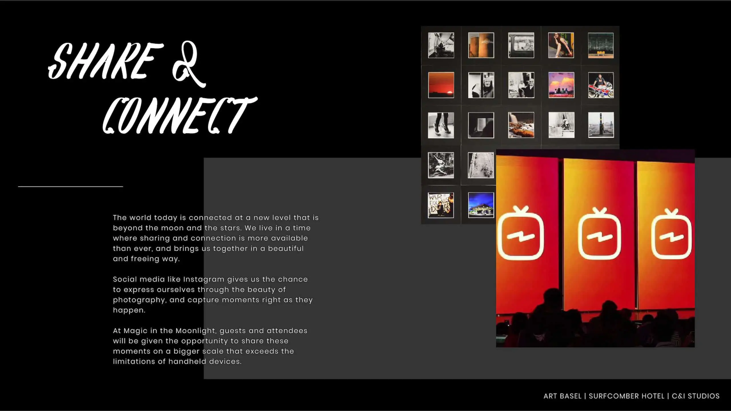 Kimpton Hotels Art Basel Installation 145 Share and Connect with image of small photos and another image with icons on a wall