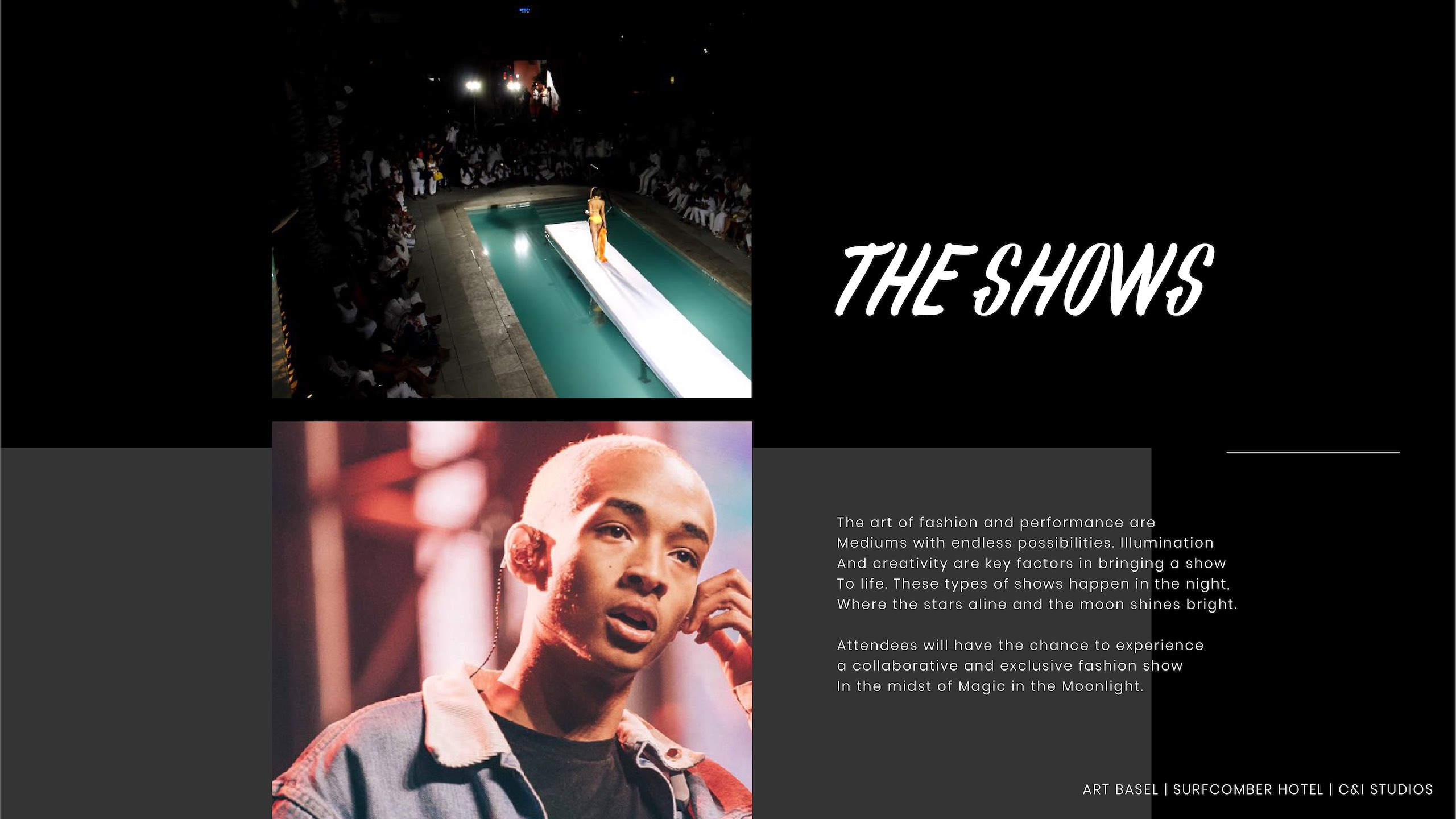 The Shows with image of catwalk and bald person wearing earpiece