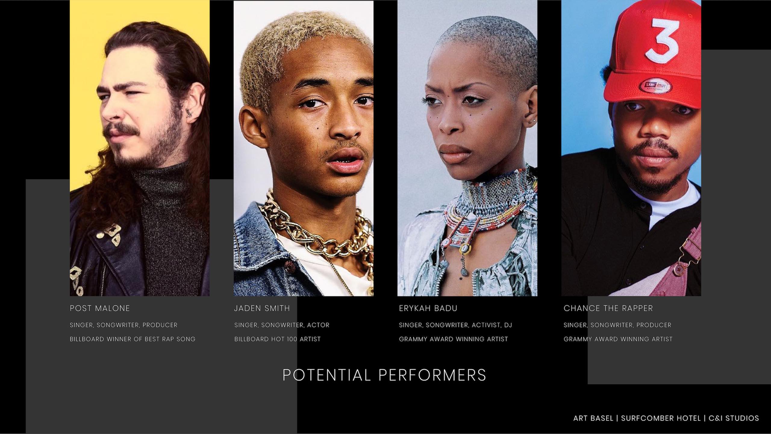 Headshots of potential performers Post Malone, Jaden Smith, Erykah Badu and Chance the Rapper