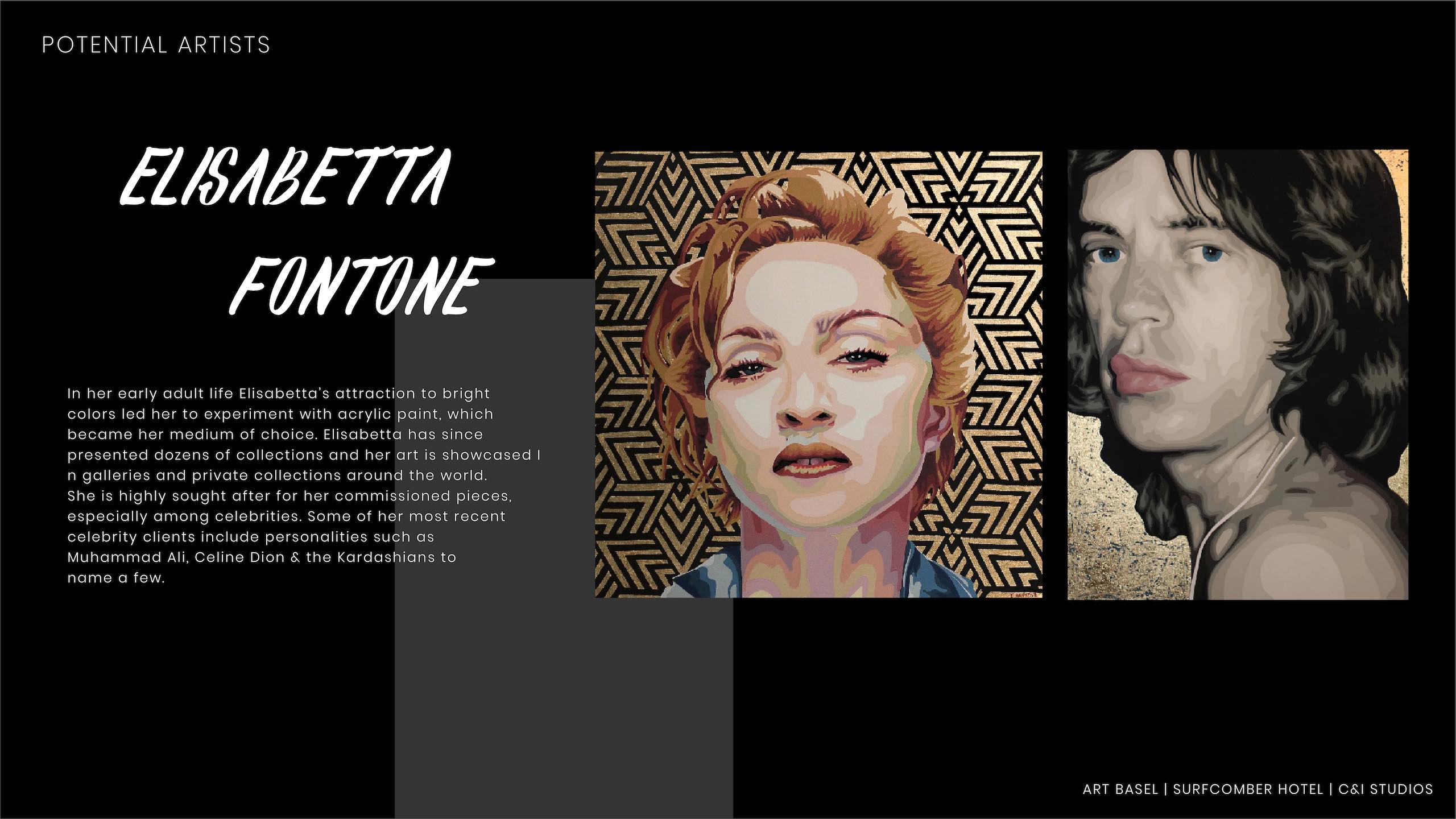 Elisabetta Fontone with two images of her artwork