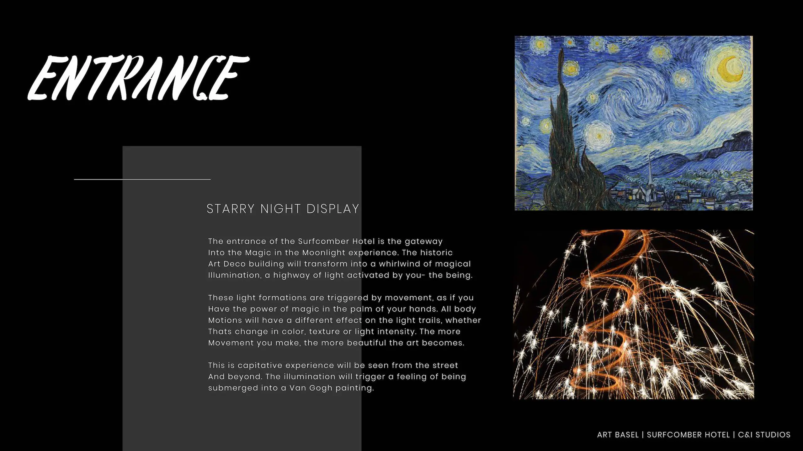 Kimpton Hotels Art Basel Installation 139 Starry Night Display with images of starry sky art and fireworks