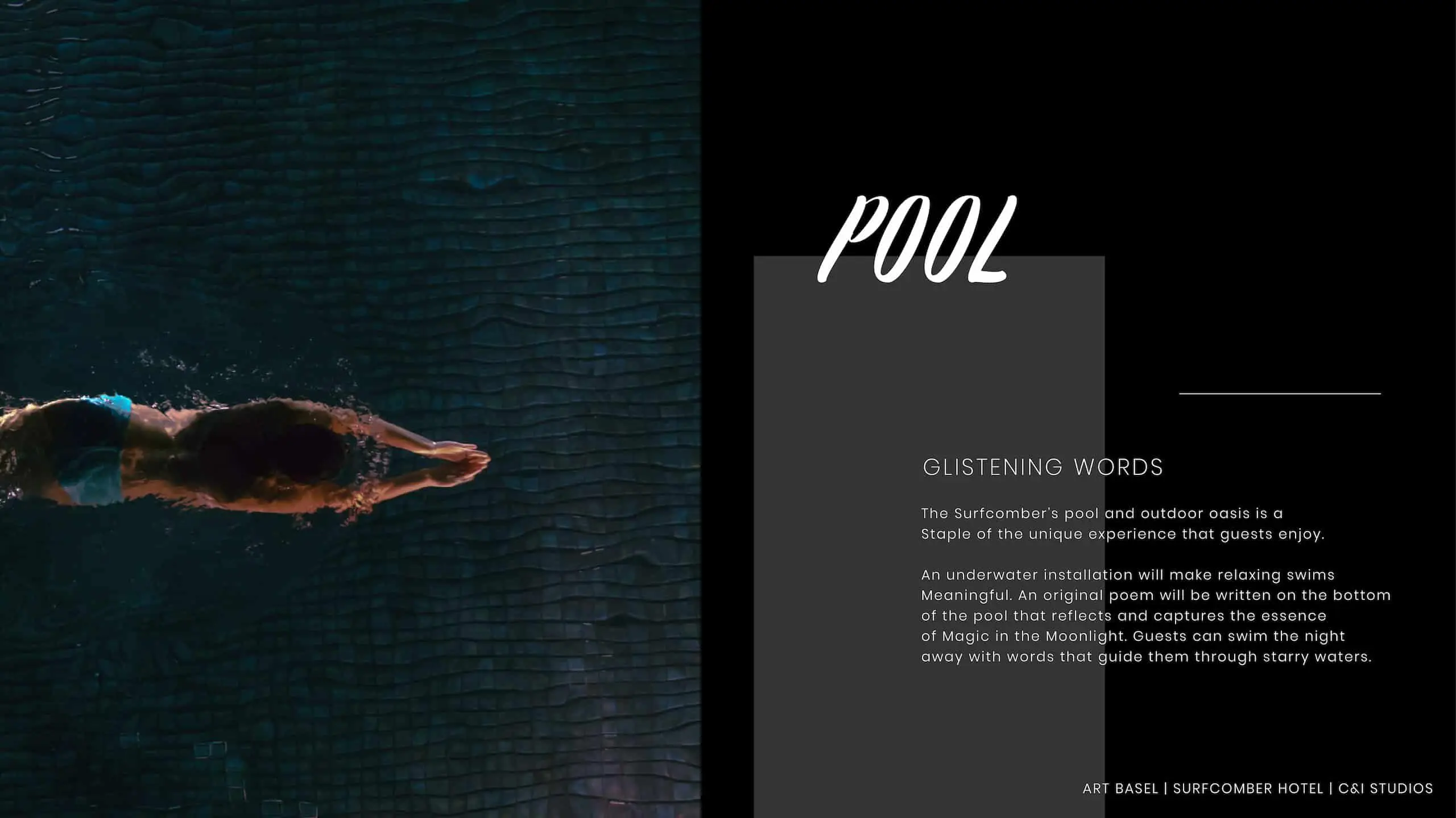 Kimpton Hotels Art Basel Installation 140 Pool Glistening Words with overhead image of swimmer