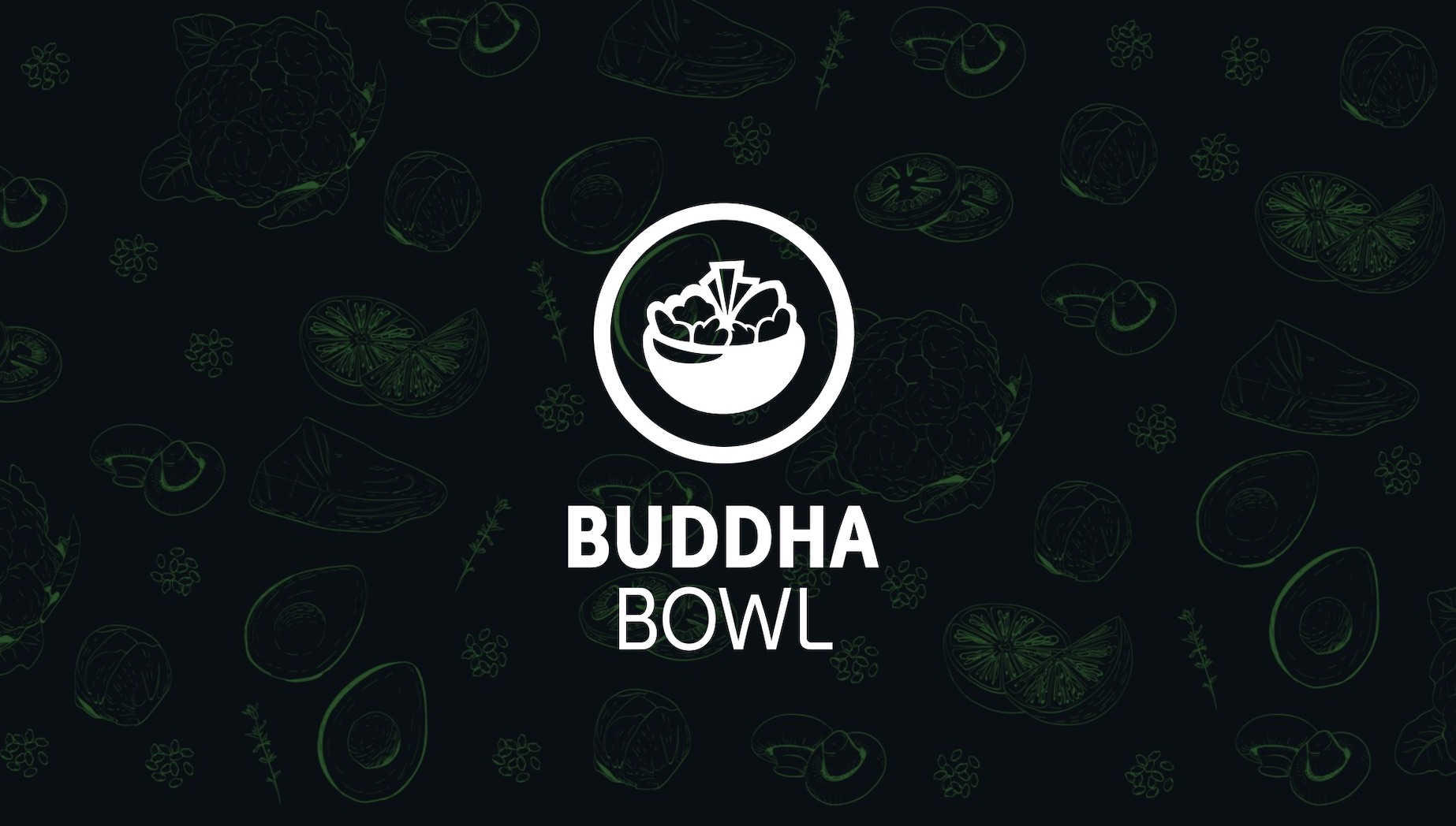 Keyword: Web Development .IU C&I Studios Page White Buddha Bowl logo web development with greenish background of graphics of avocados, lemons, mushrooms, seeds and meat