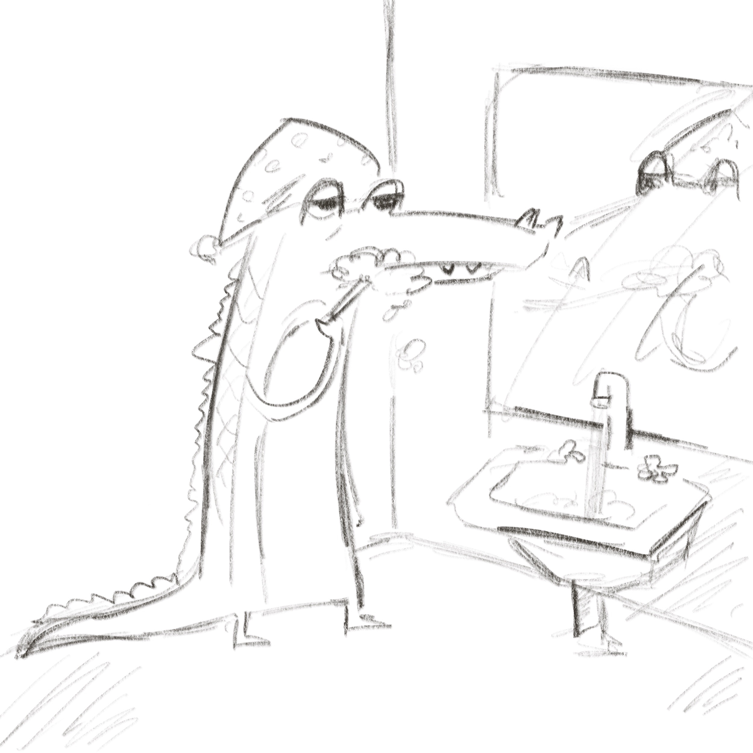 Frame one of drawing of alligator in the bathroom brushing his teeth