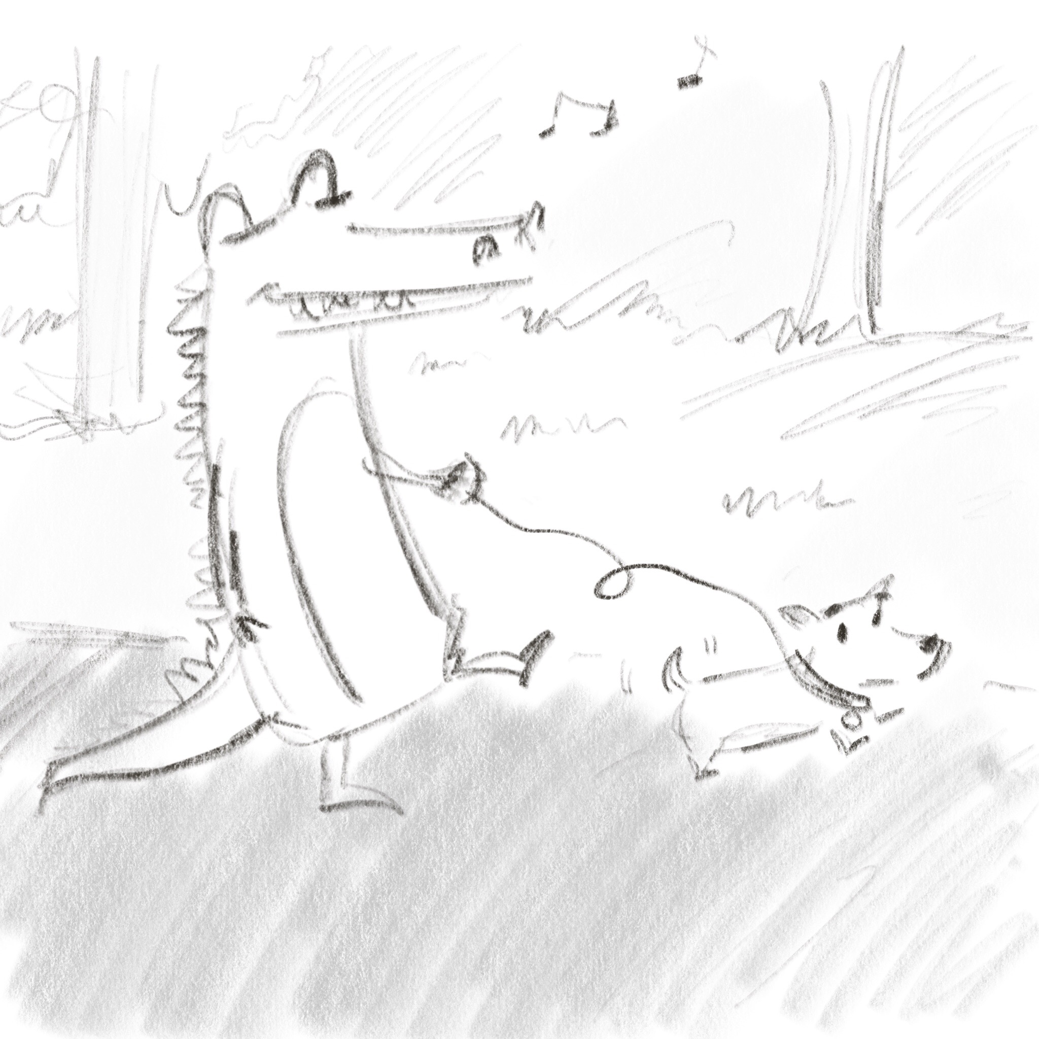 Frame four drawing of an alligator whistling walking a dog
