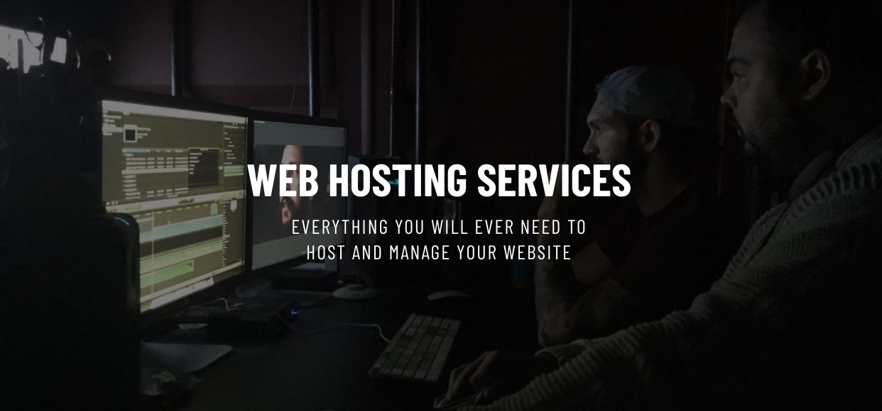 White Web Hosting Services Everything You Will Ever Need To Host and Manage Your Website title ad on dimmed background side profile of two men working on desktop computers