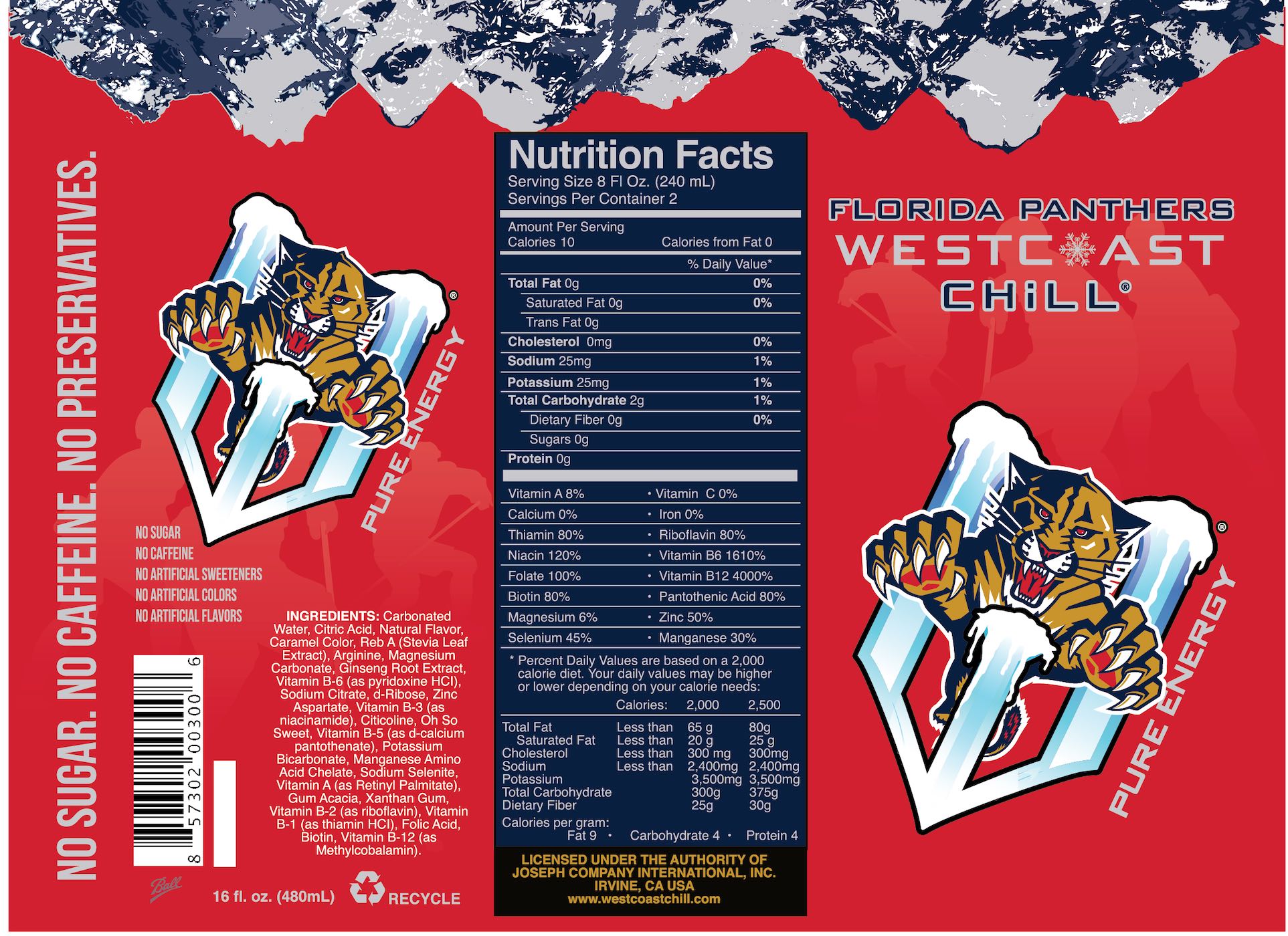 Florida Panthers Pure Energy Sixteen Non Chill Energy Drink packaging label