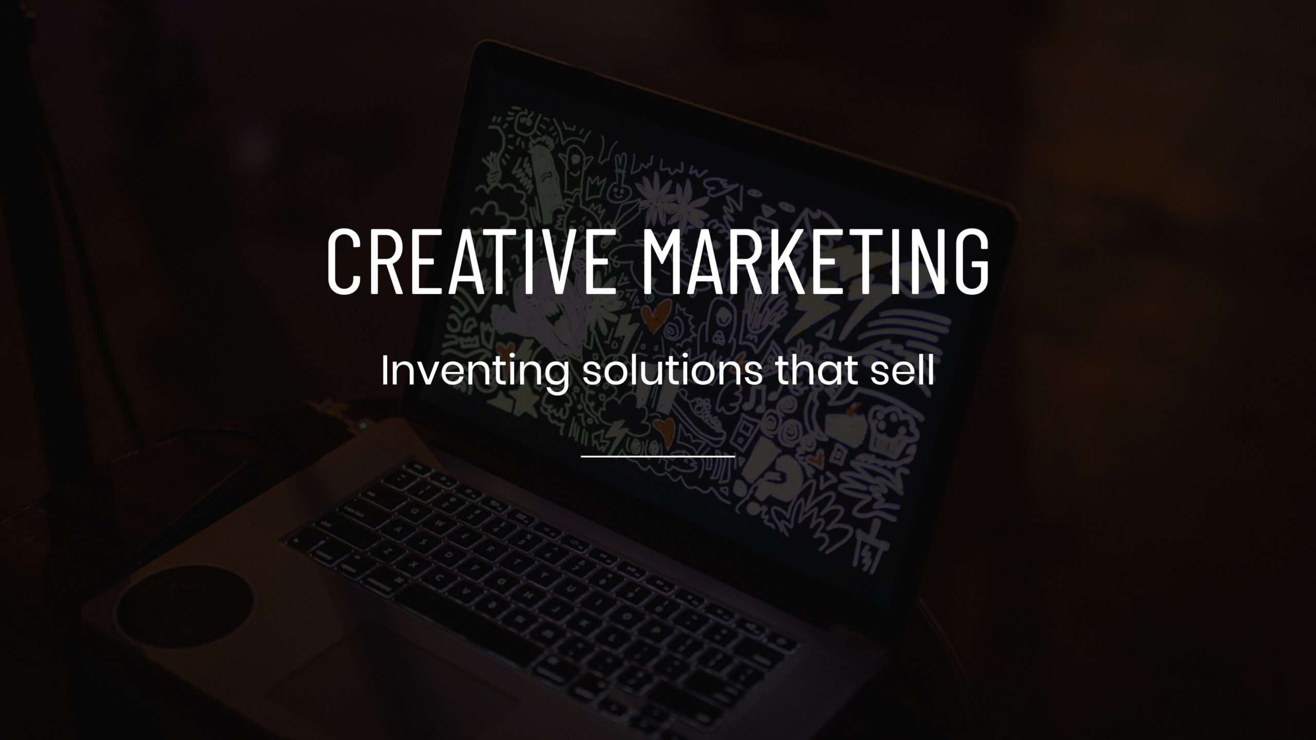 White Creative Marketing Inventing Solutions that Sell title Service Tile on dimmed background of laptop with graphics on screen