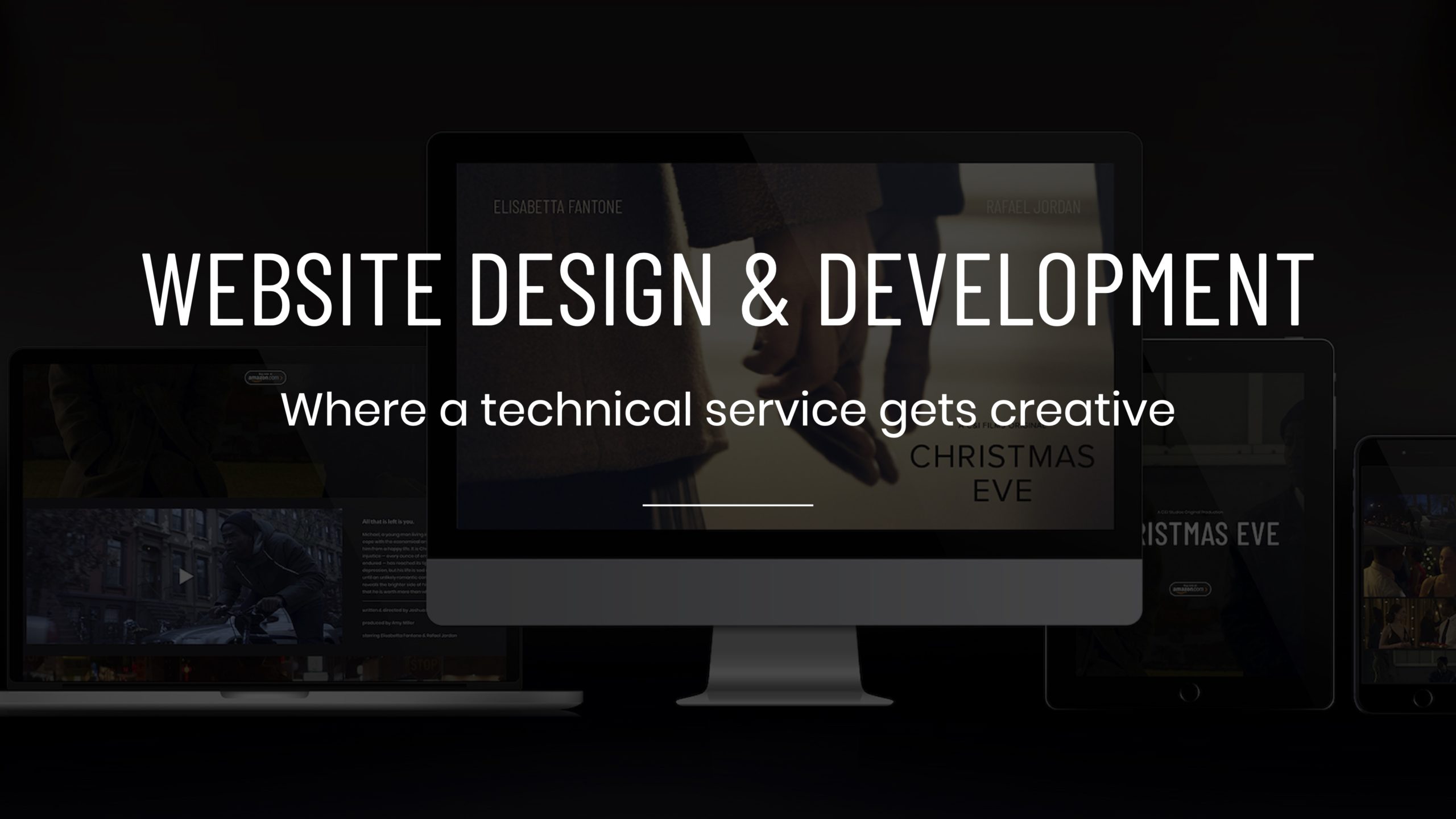 White Website Design and Development title Service Tile on a background showing various screen displays