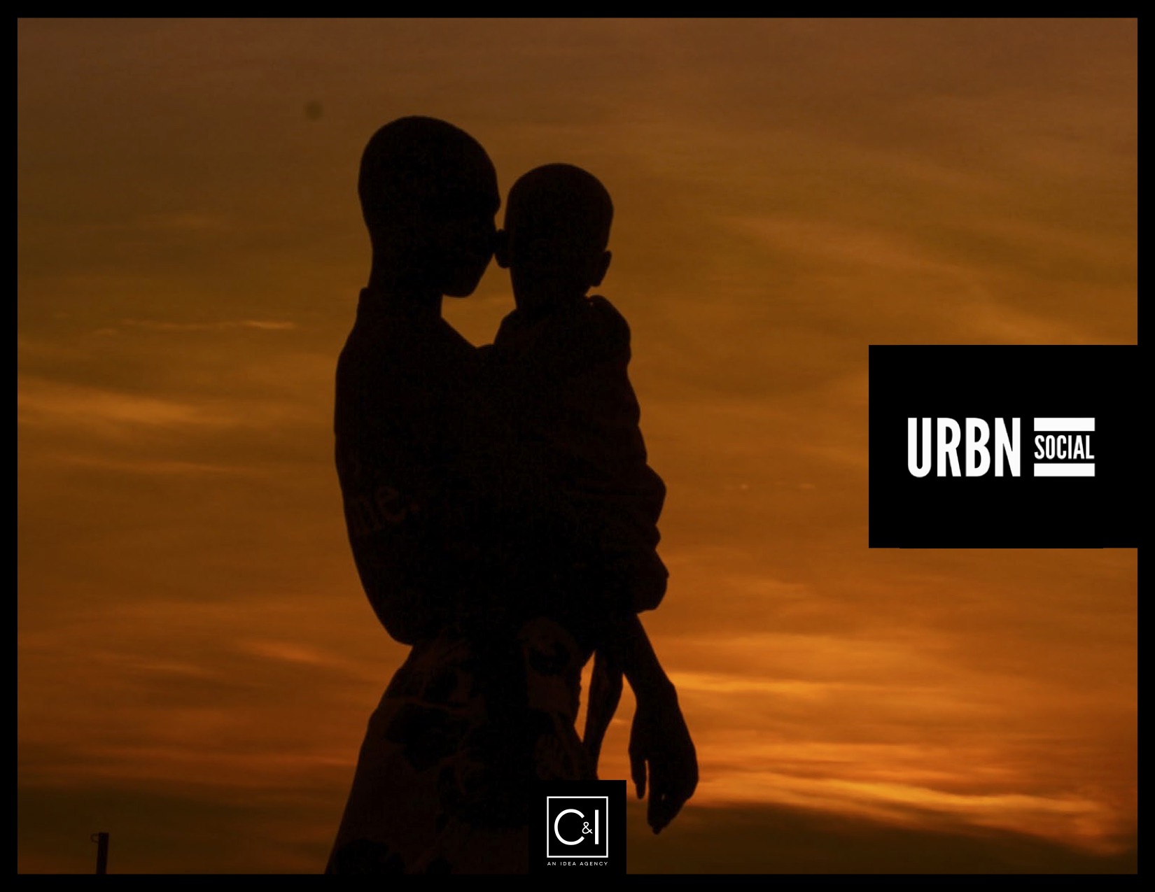 IU C&I Studio Portfolio URBN Social Mood Board with a side view of mother and baby in a sunset