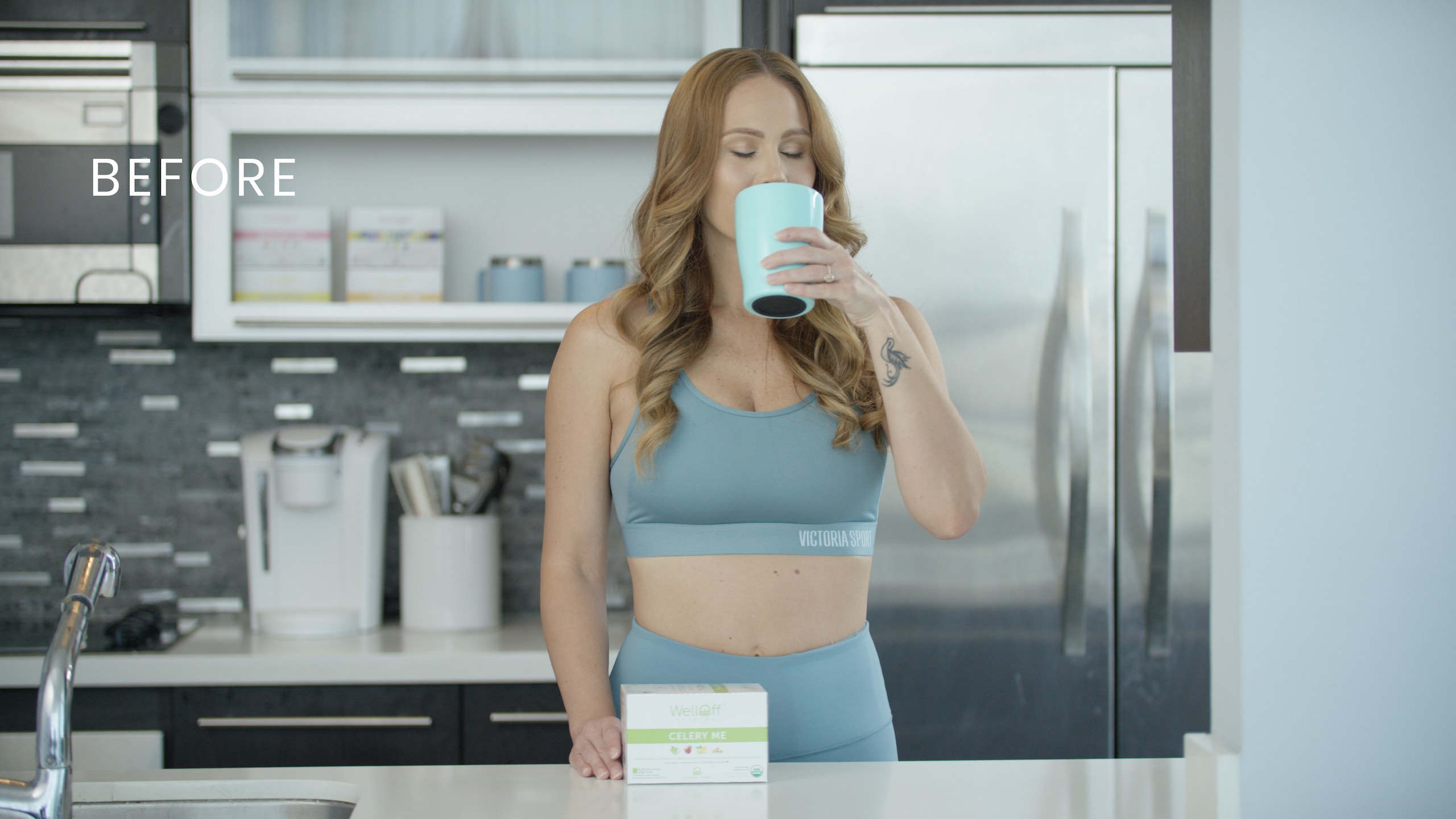 VFX Breakdown Animations with white title Before over image of woman wearing teal sports top and pants enjoying a light blue cup of coffee with her eyes closed in a kitchen with a box of Celery Me