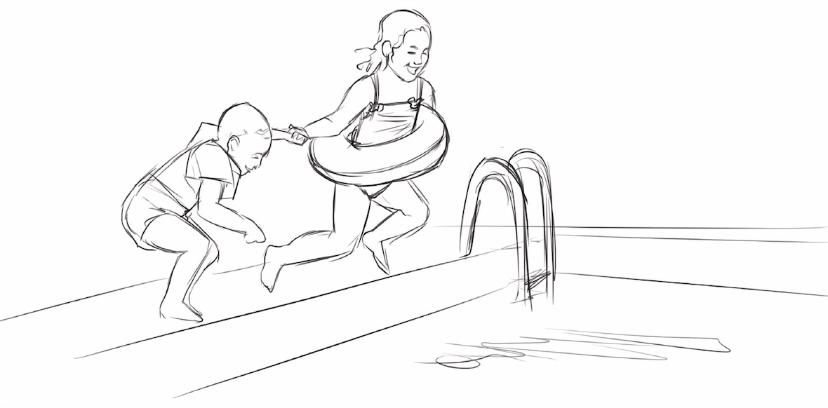 Tavistock StoryBoard Five showing a drawing of boy and girl wearing an inner tube jumping in a pool