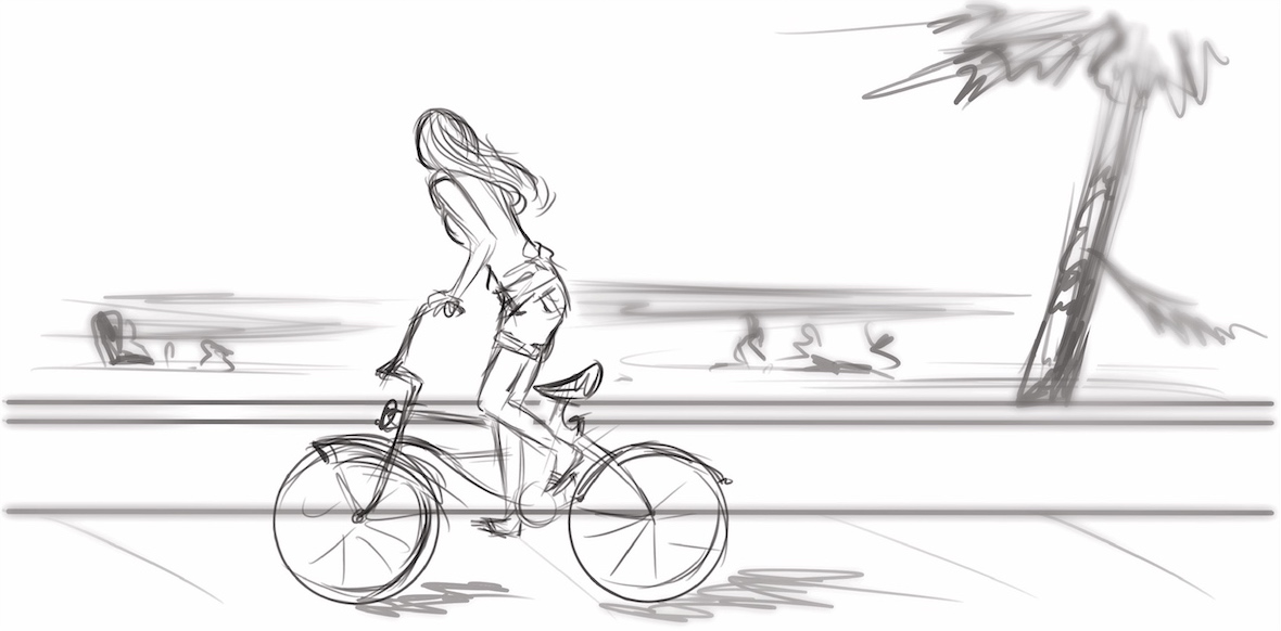 Tavistock StoryBoard showing a drawing of a woman biking by a beach
