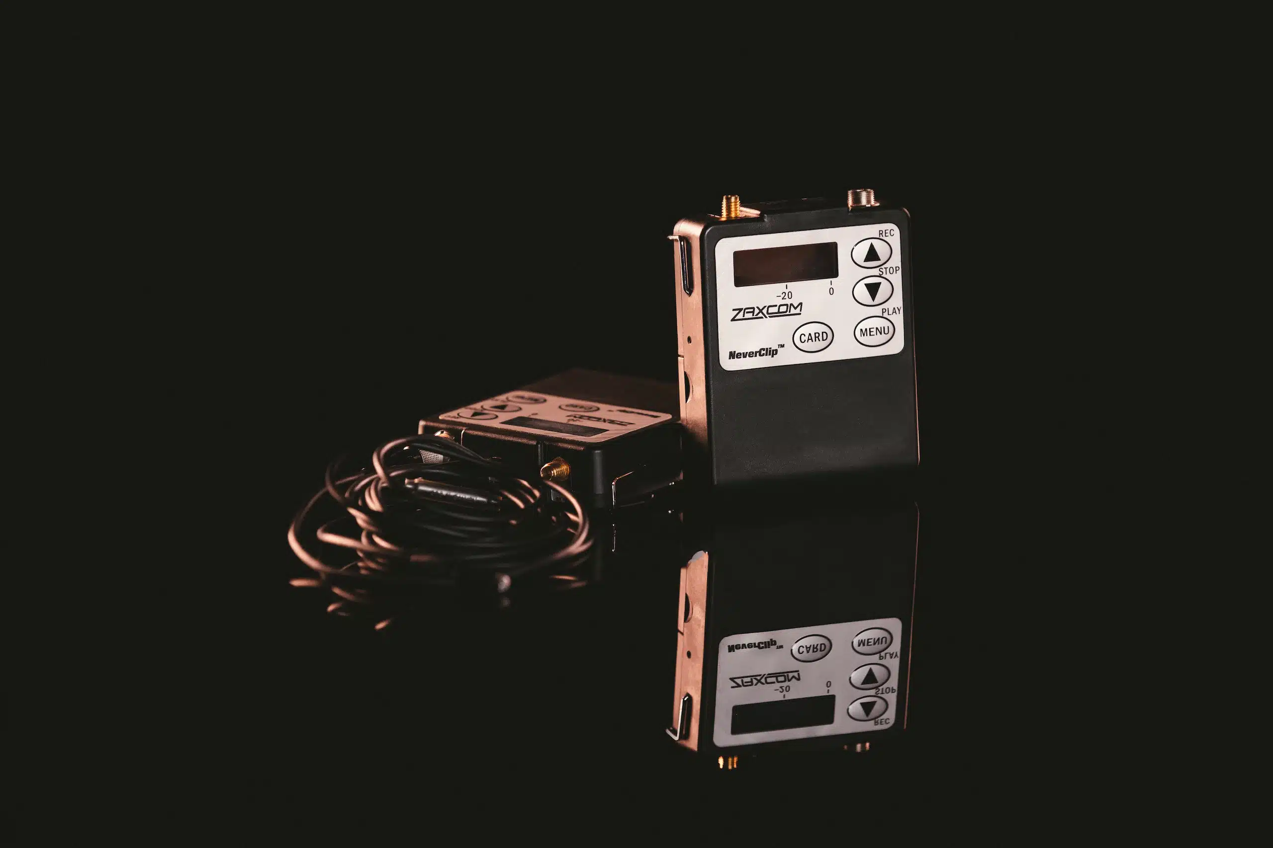 IU Zaxcom Wireless Transmitter and Receiver for rent on display. Transcription