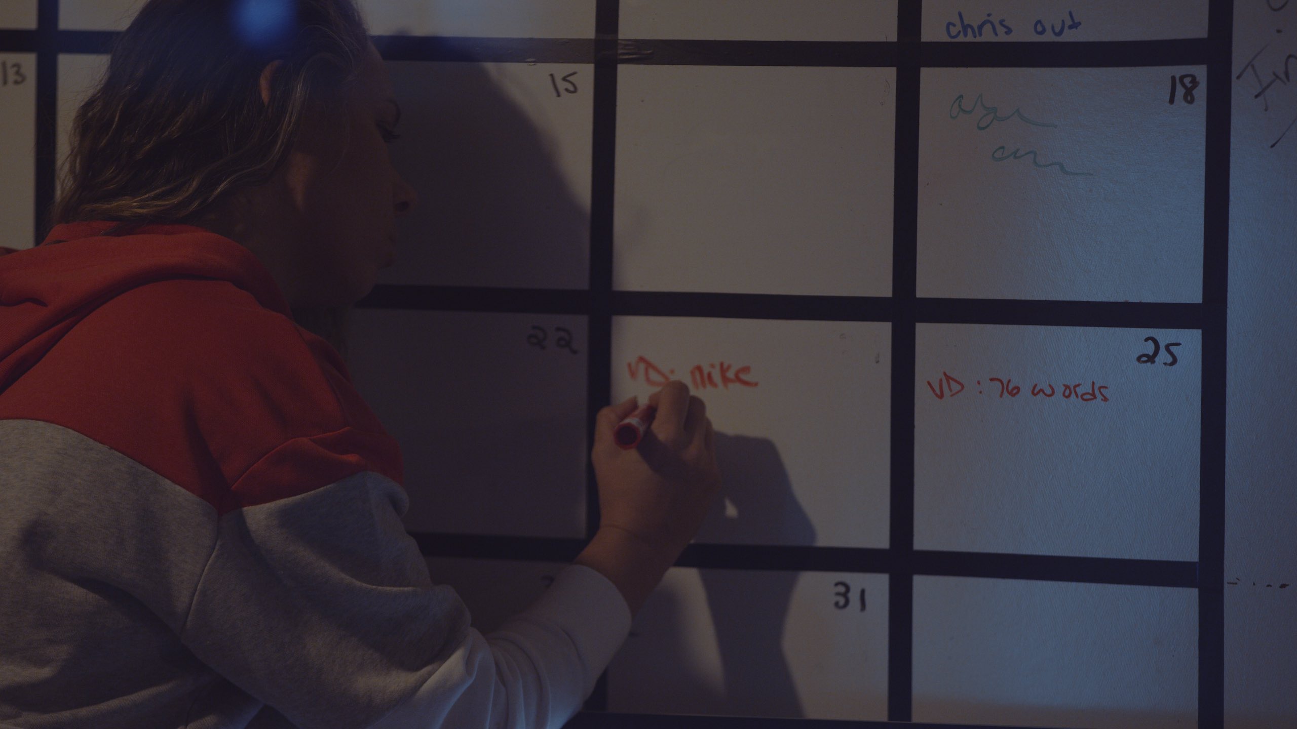 Amy Writing Production Planning for a killer video production on board with marker