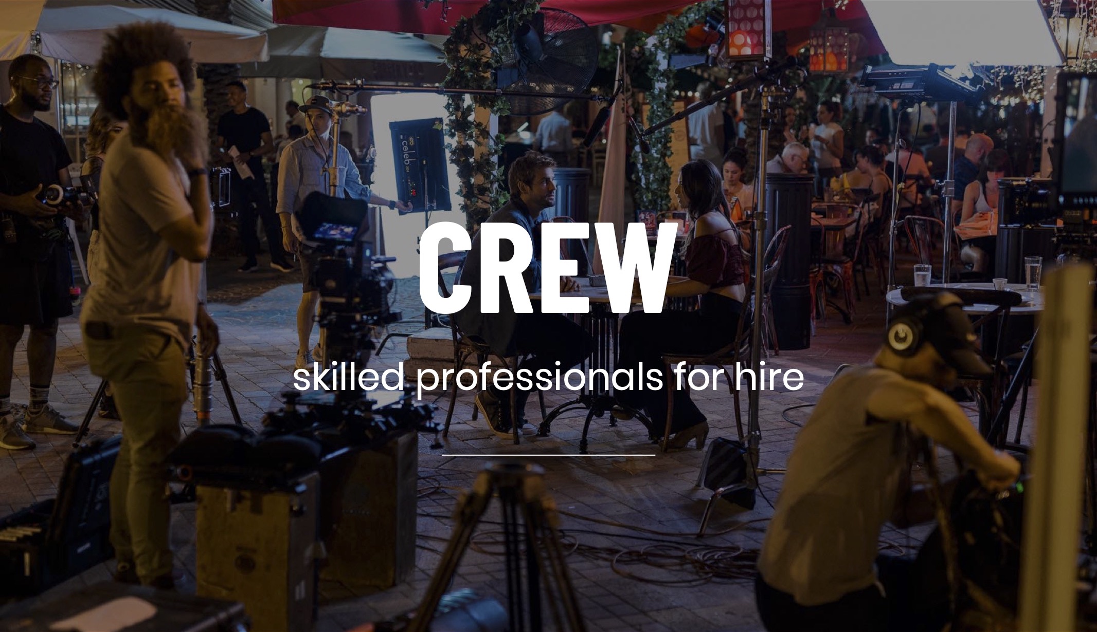 Production Resources White Crew skilled professionals for hire title on backdrop of crew surrounding a set with a man and woman sitting at a table