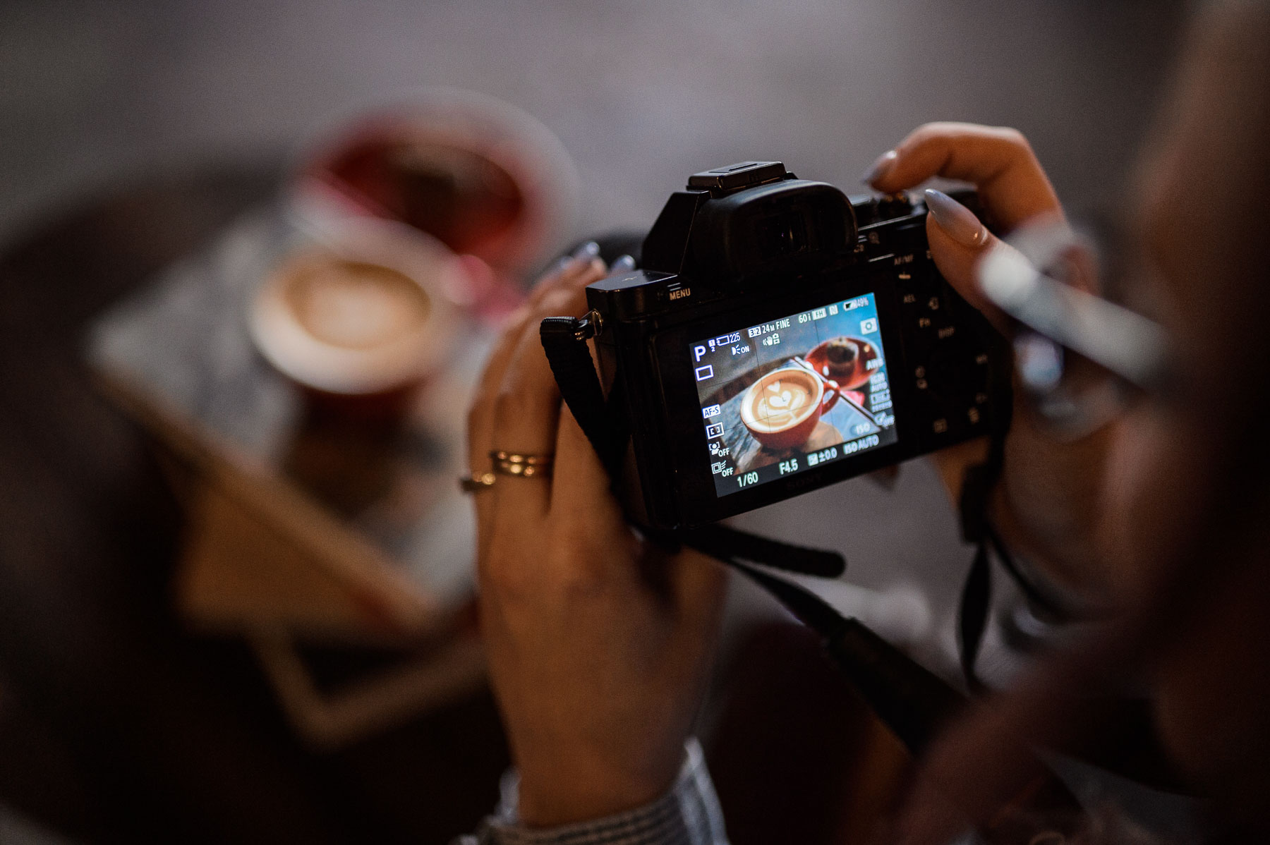 Instagram Closeup of camera being used on a cup of cappuccino
