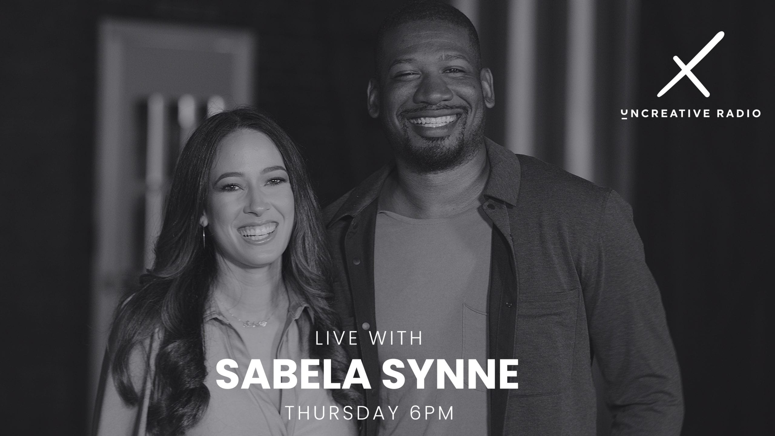 Uncreative Radio Sabela Synne Title Card Episode 4 with backdrop of her with Joshua Miller smiling and posing for the camera