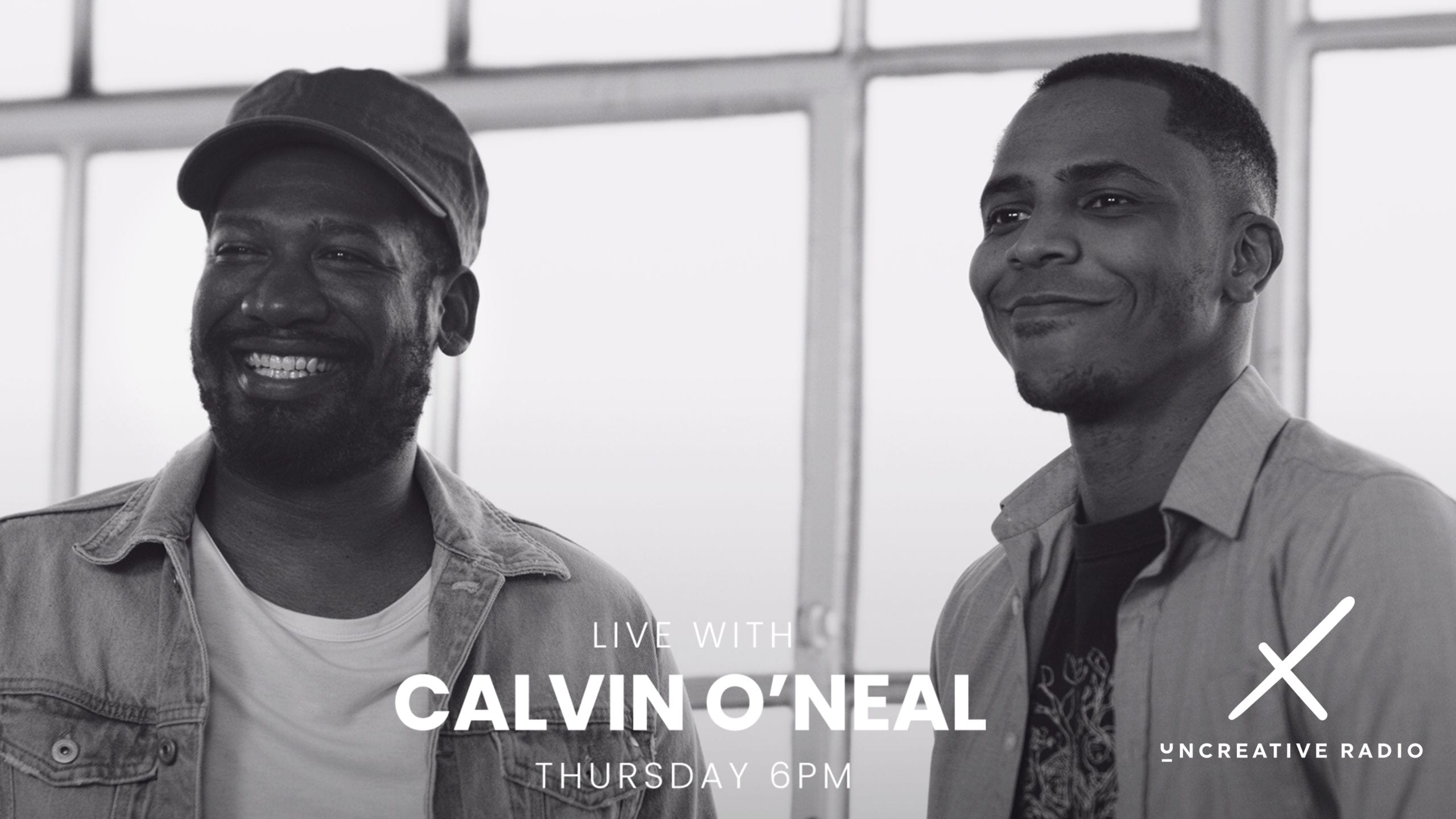 Black and white headshot of Joshua Miller and Calvin O’Neal for Live with Calvin O'Neal for Uncreative Radio